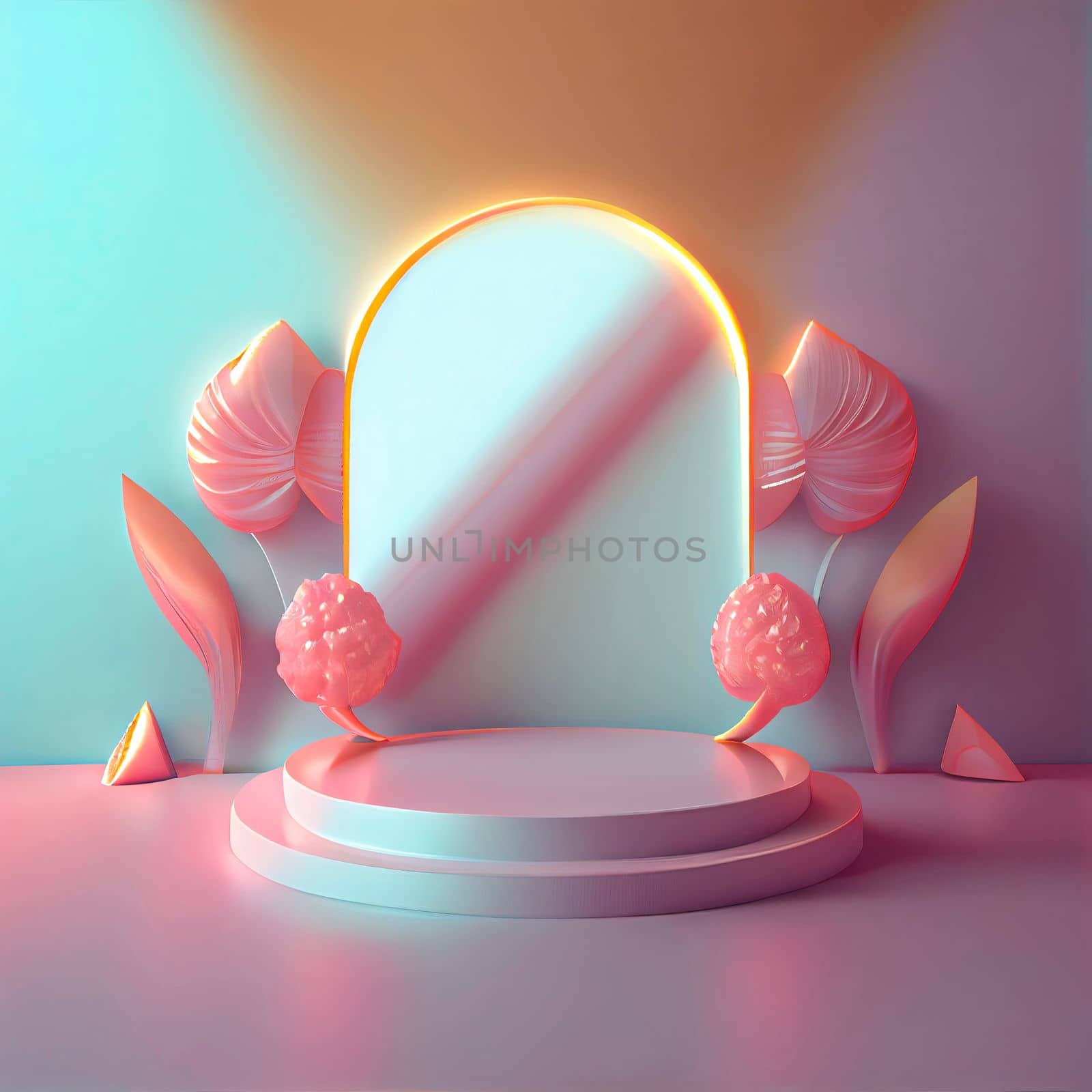 3d illustration of podium with abstract flower wreath ornament for shop product promotion