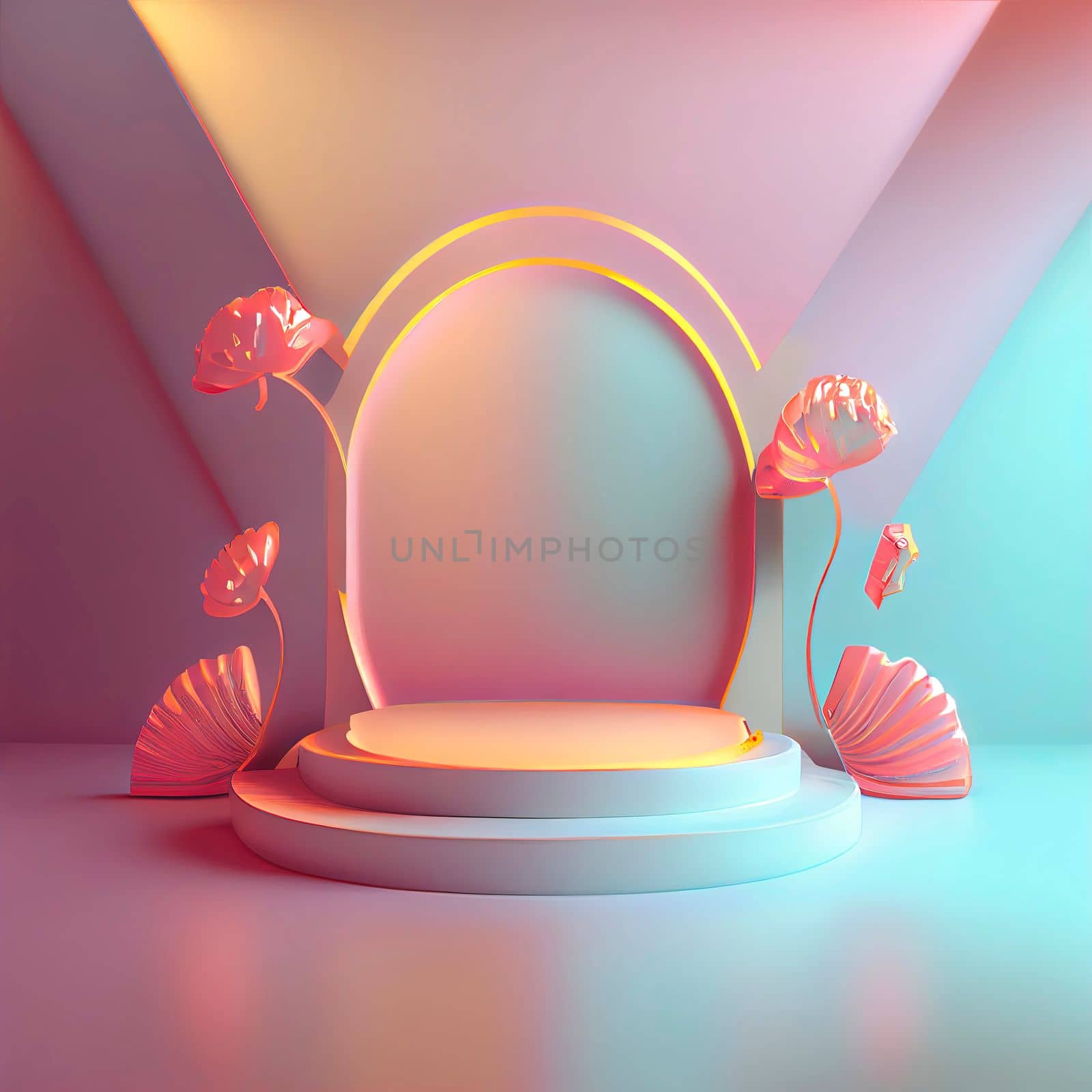 Luxury podium 3d illustration with elegant pink color and abstract flower wreath ornament for product display by templator