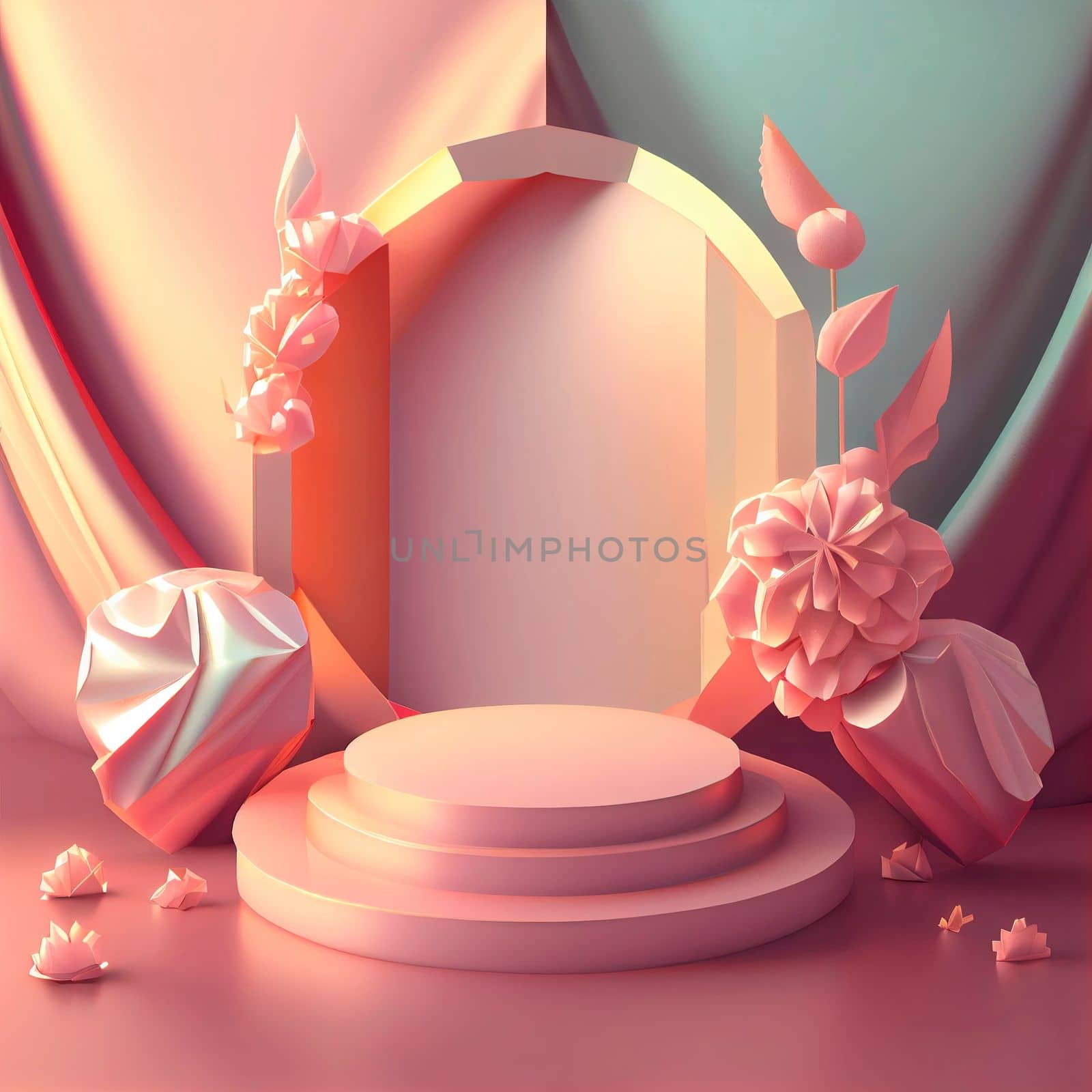 Luxury podium 3d illustration with elegant pink color and abstract flower wreath ornament for product display by templator