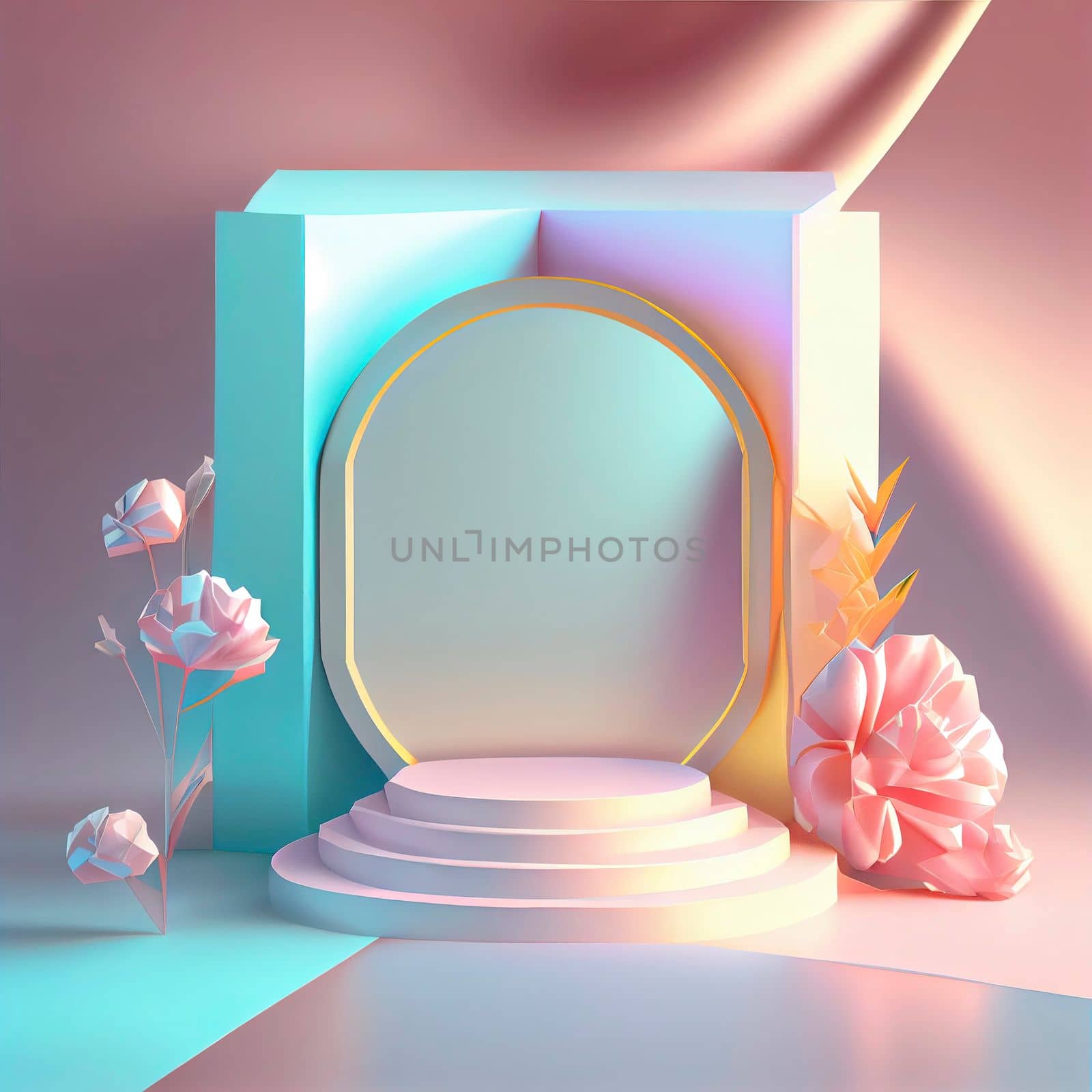 Luxury podium 3d illustration with elegant pink color and abstract flower wreath ornament for product display by templator