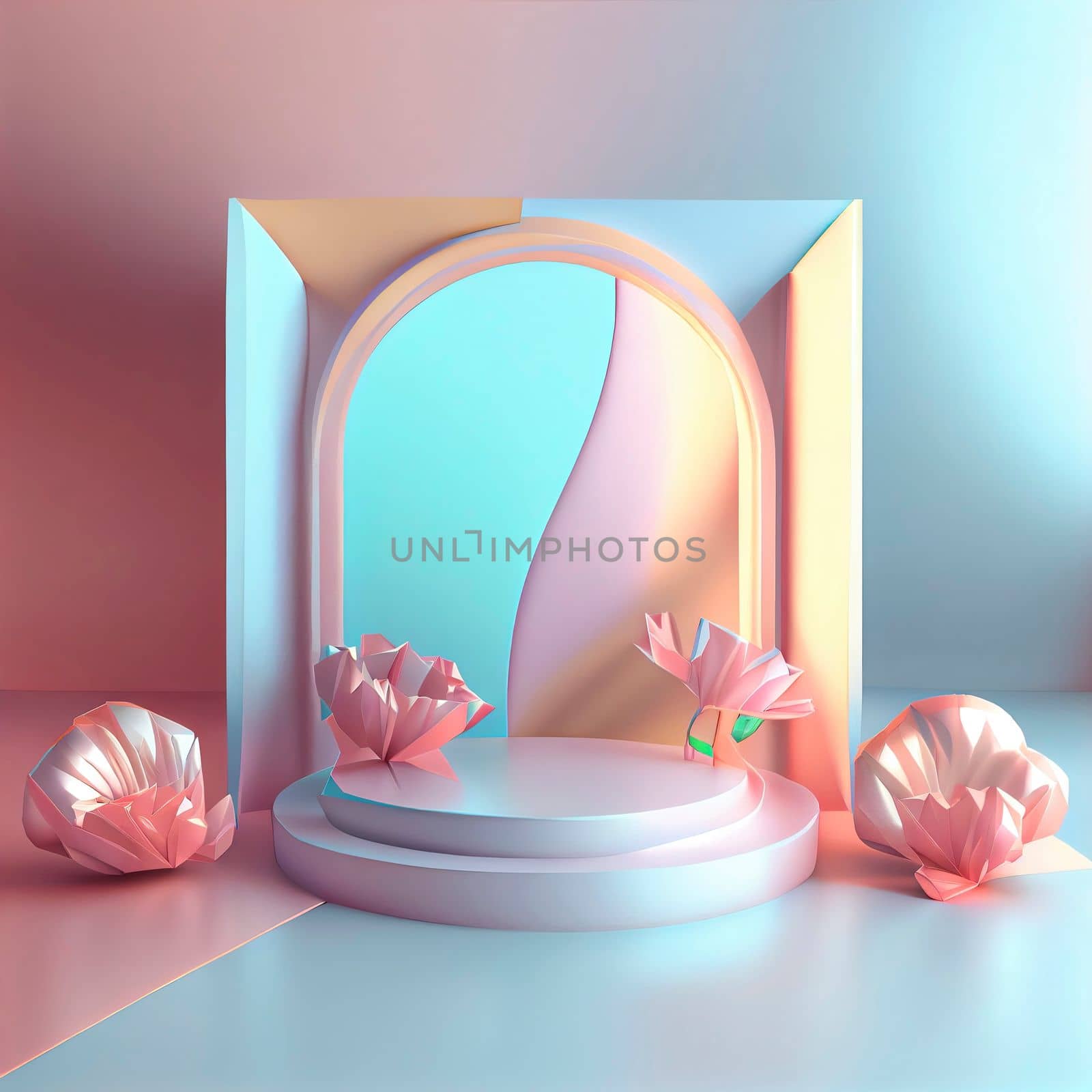 Luxury podium 3d illustration with elegant pink color and abstract flower wreath ornament for product display by templator