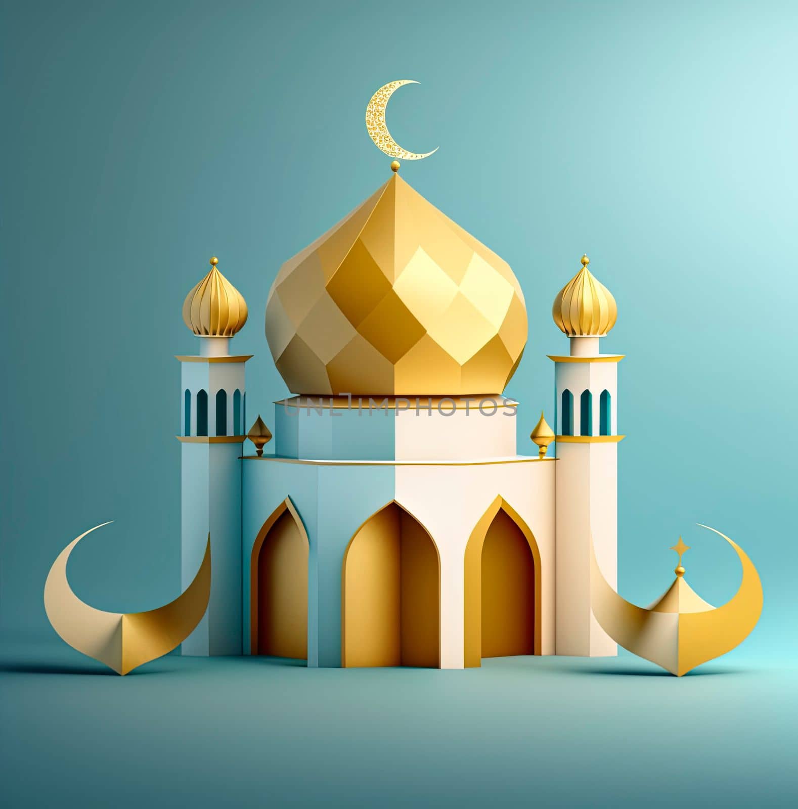 3d miniature illustration of a mosque with golden glowing dome