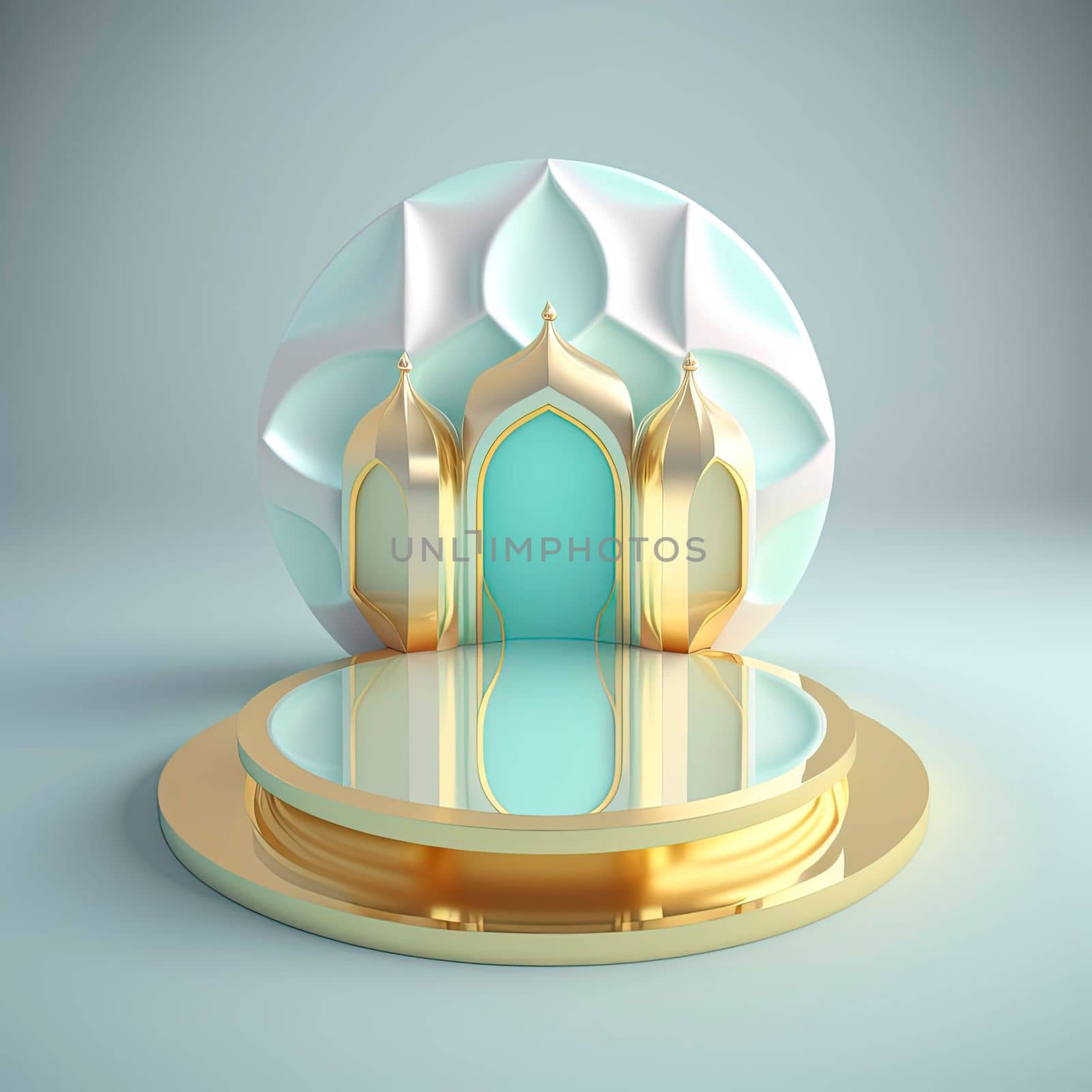 Islamic ramadan podium background of futuristic and modern 3d realistic mosque with scene and stage for product display