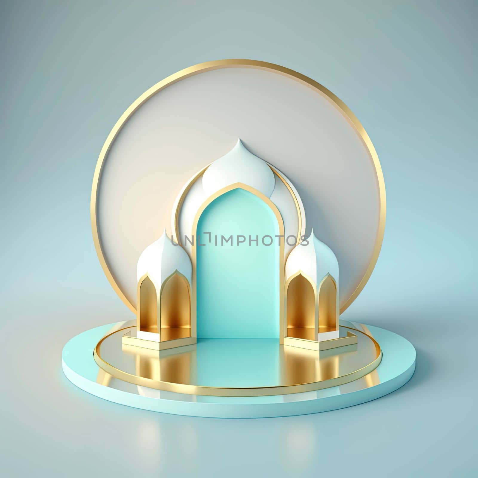 Islamic ramadan podium background of futuristic and modern 3d realistic mosque with scene and stage for product display