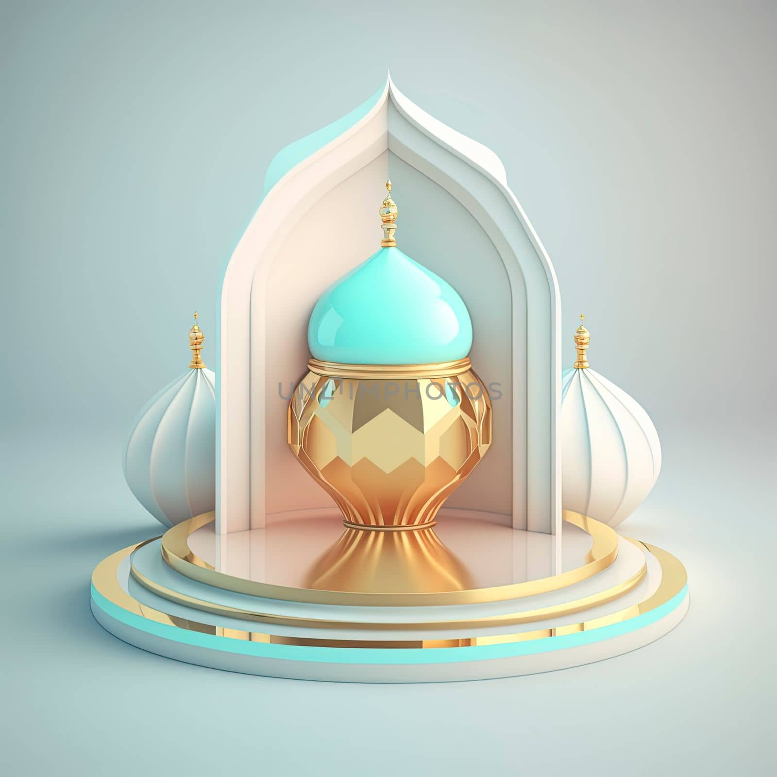 Realistic 3d ramadan islamic themed podium with shiny mosque gate