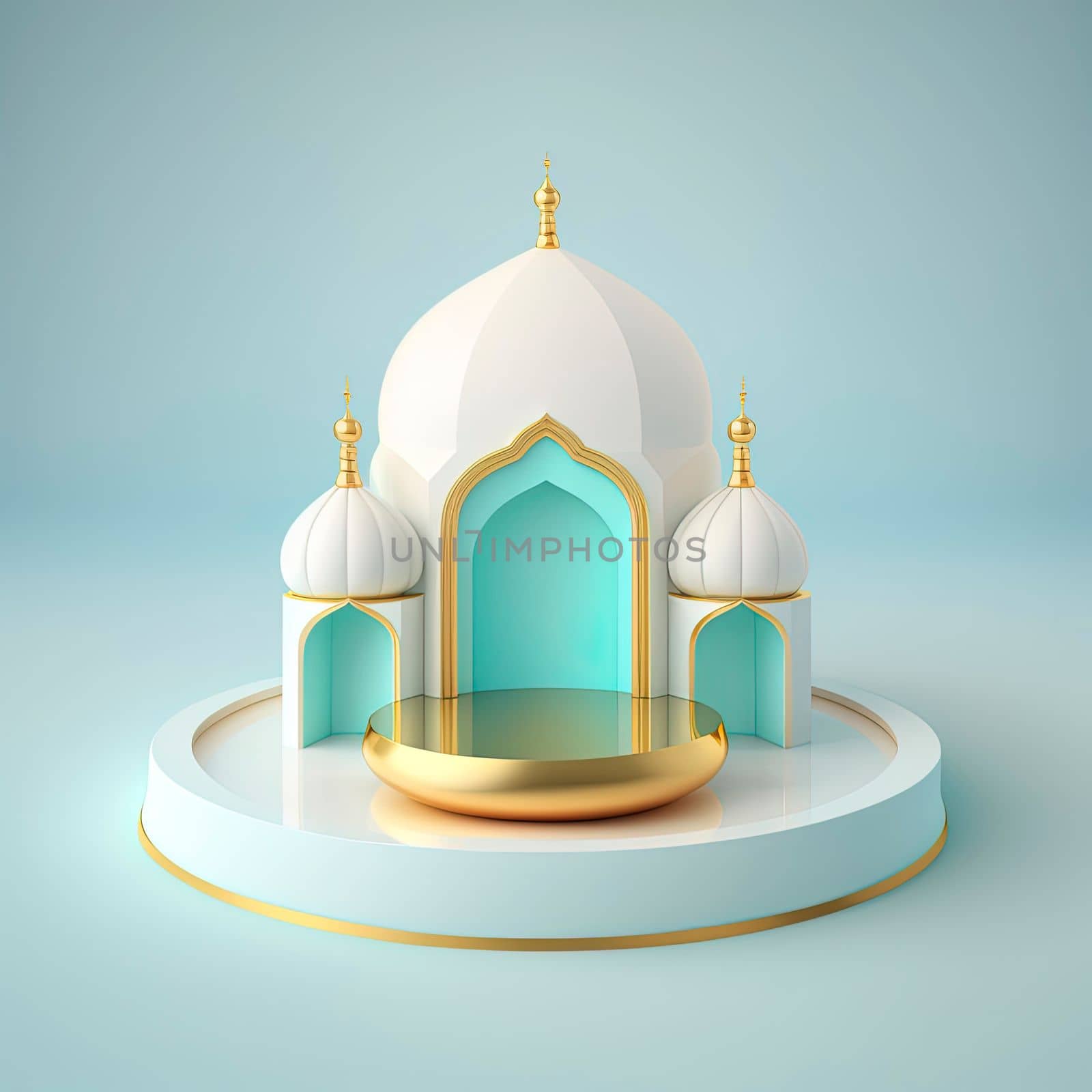 Ramadan islamic scene with golden 3d realistic mosque stage and podium for product presentation