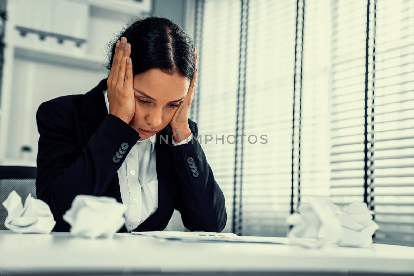 A competent female employee who has become completely exhausted as a result of overburdened work. Concept of unhealthy life as an office worker, office syndrome, effect from overwork.