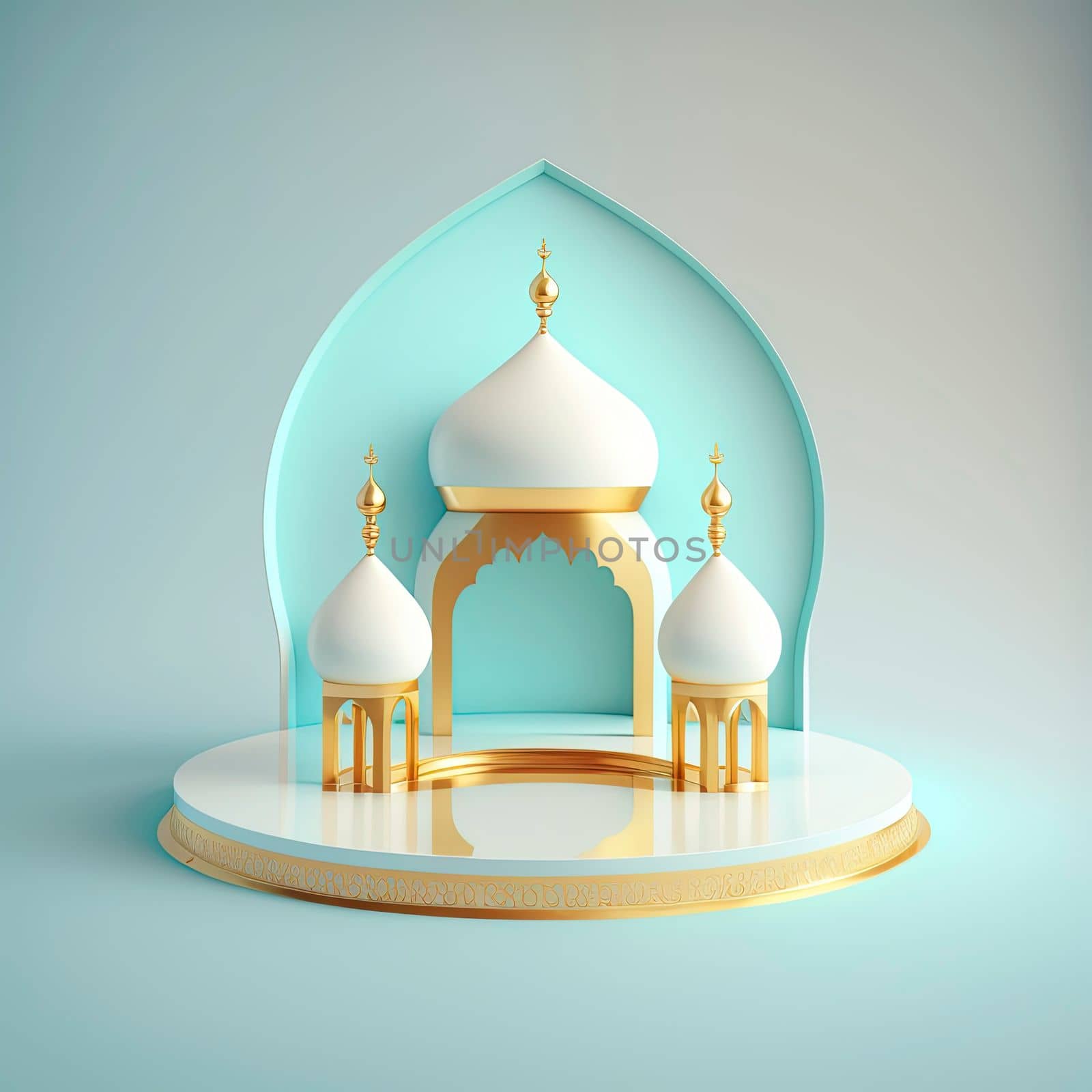 Ramadan islamic scene with golden 3d realistic mosque stage and podium for product presentation