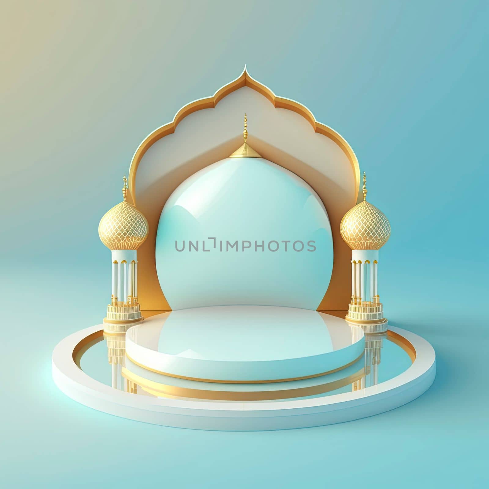 Ramadan islamic scene with golden 3d realistic mosque stage and podium for product presentation