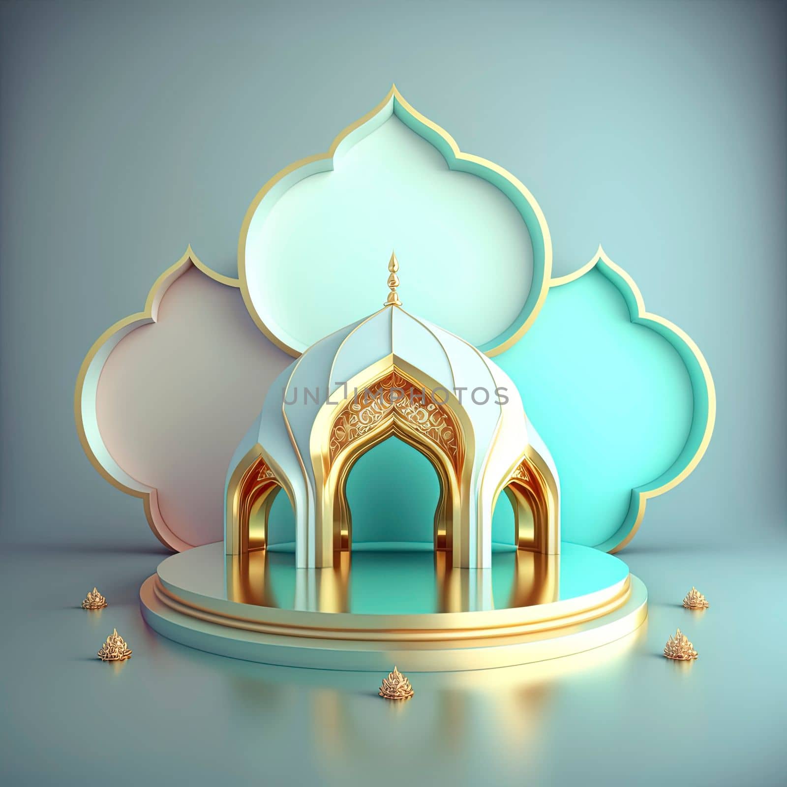 3D Realistic Rendering Ramadan Scene Islamic Podium background for Product Display