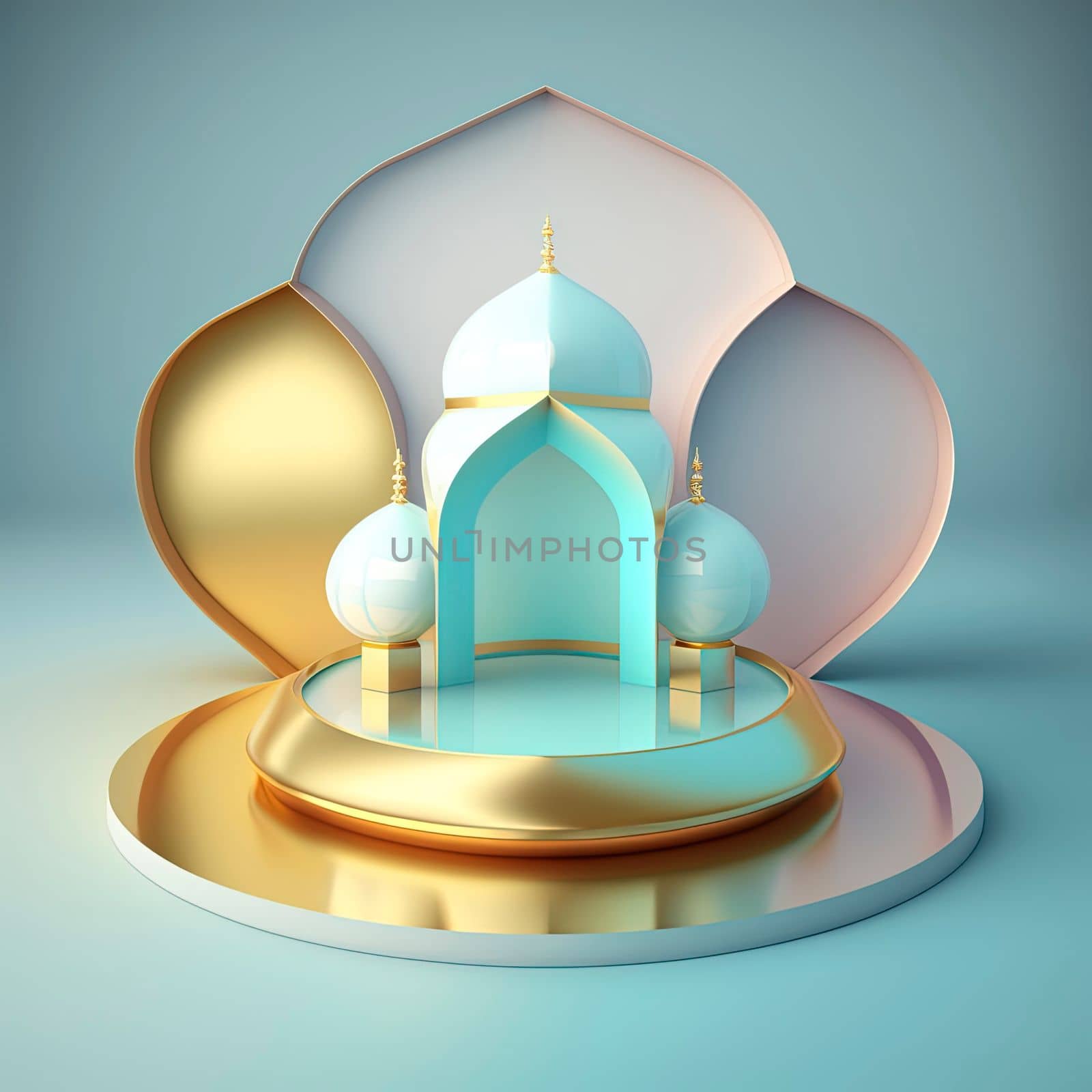 realistic 3d islamic scene background shiny diamond color effect with mosque gate for podium and product display stage