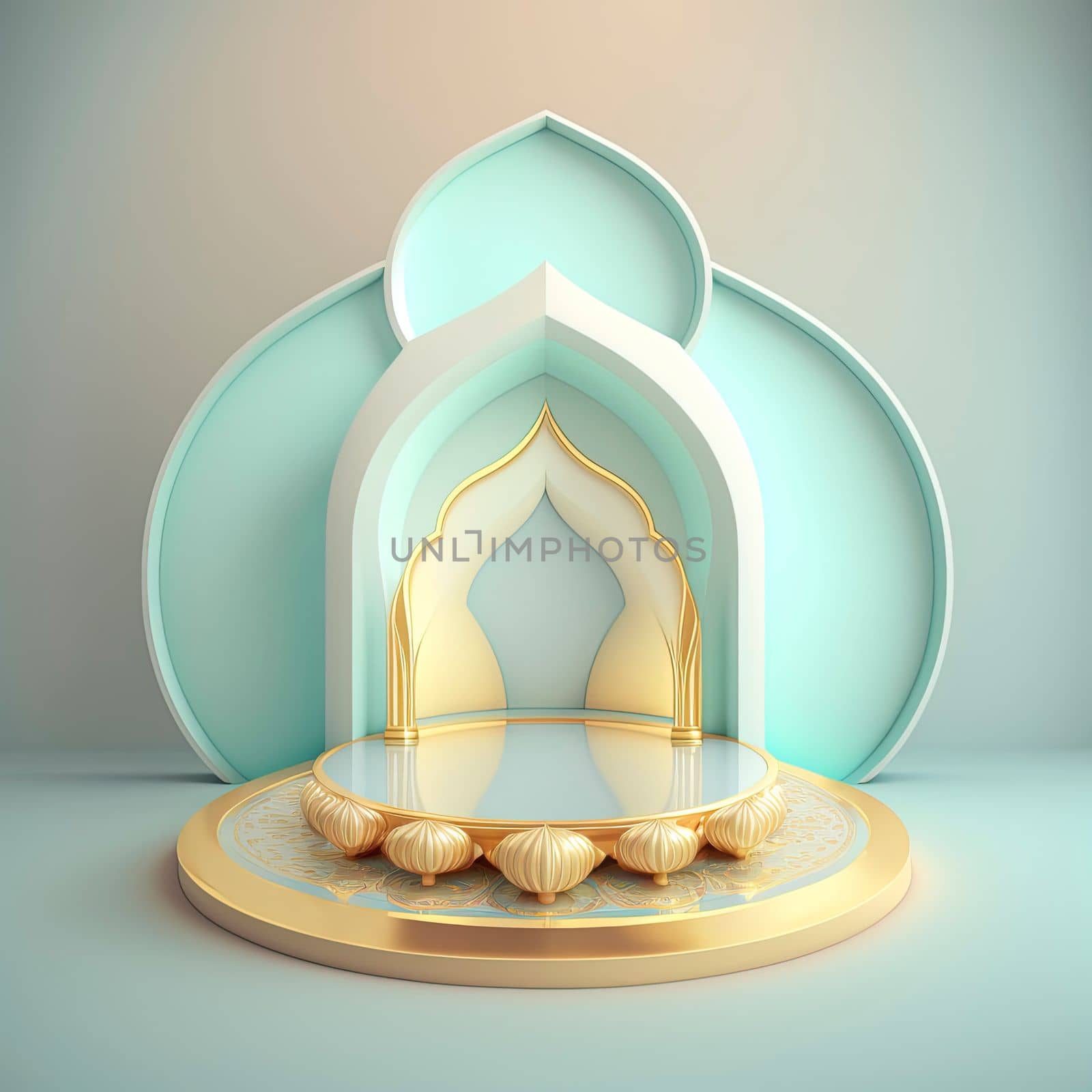 Islamic ramadan podium background of futuristic and modern 3d realistic mosque with scene and stage for product display