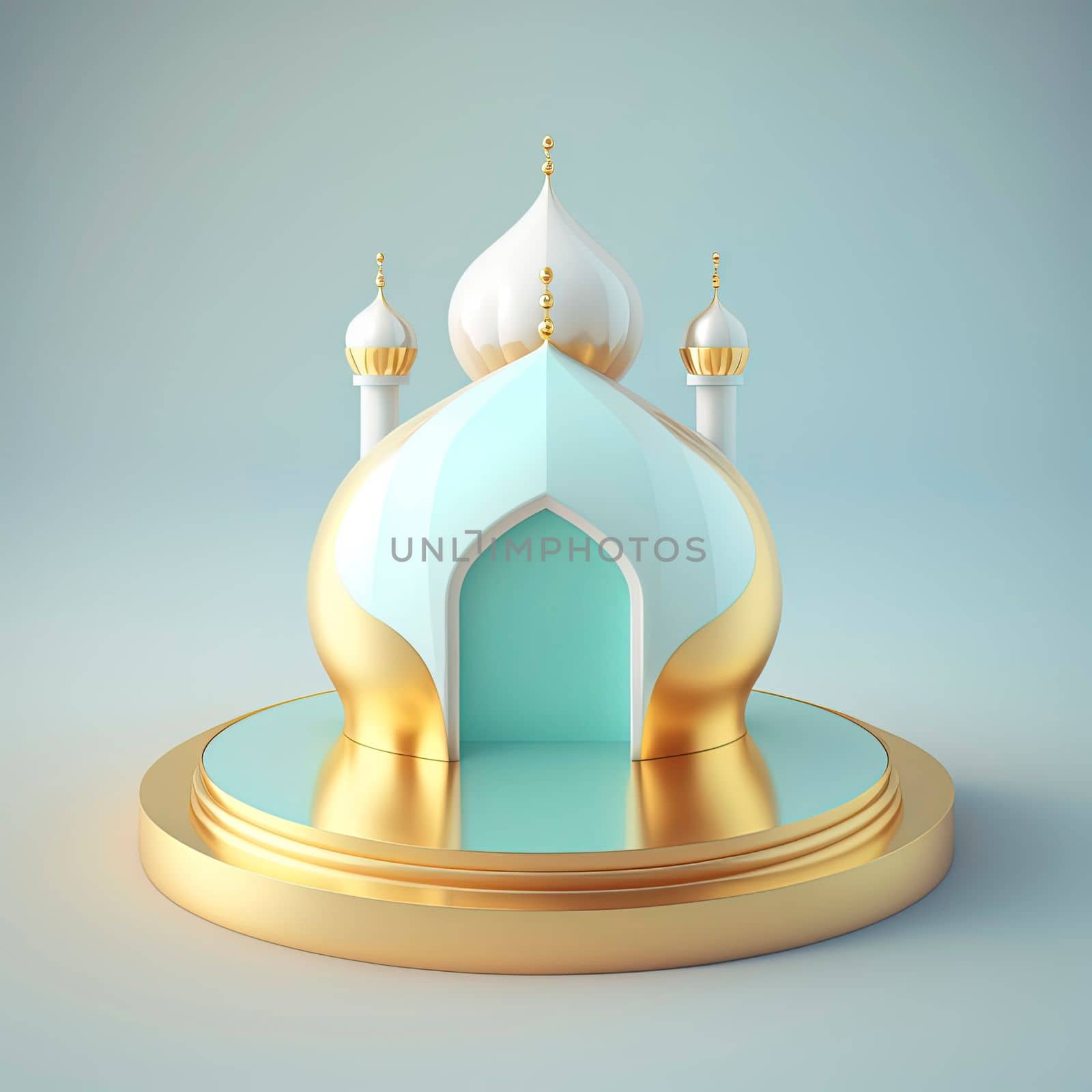 Islamic ramadan podium background of futuristic and modern 3d realistic mosque with scene and stage for product display