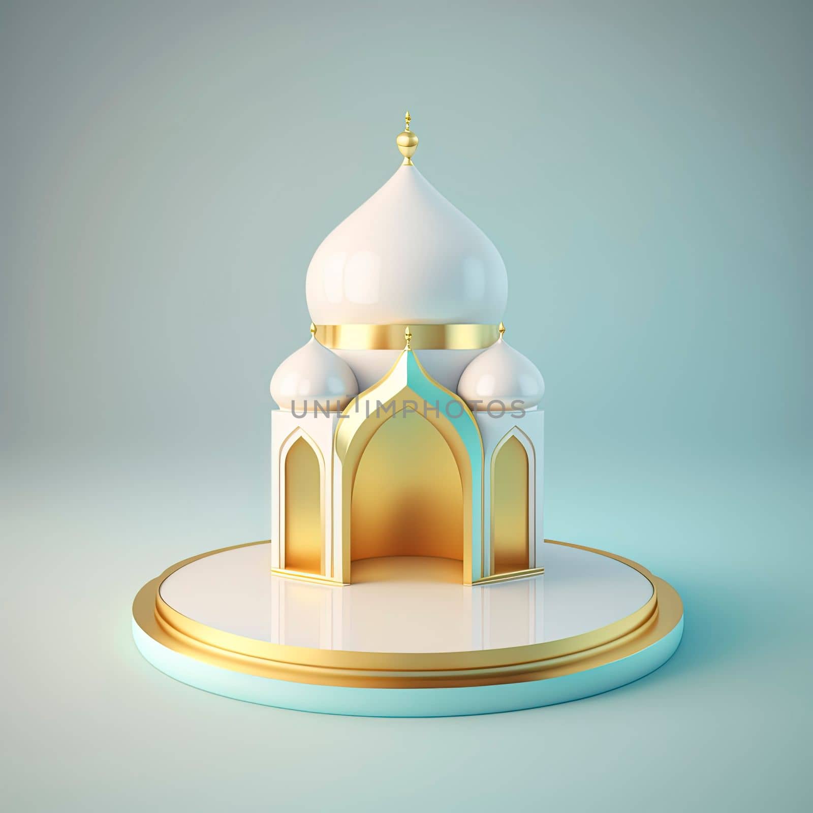 Islamic ramadan podium background of futuristic and modern 3d realistic mosque with scene and stage for product display