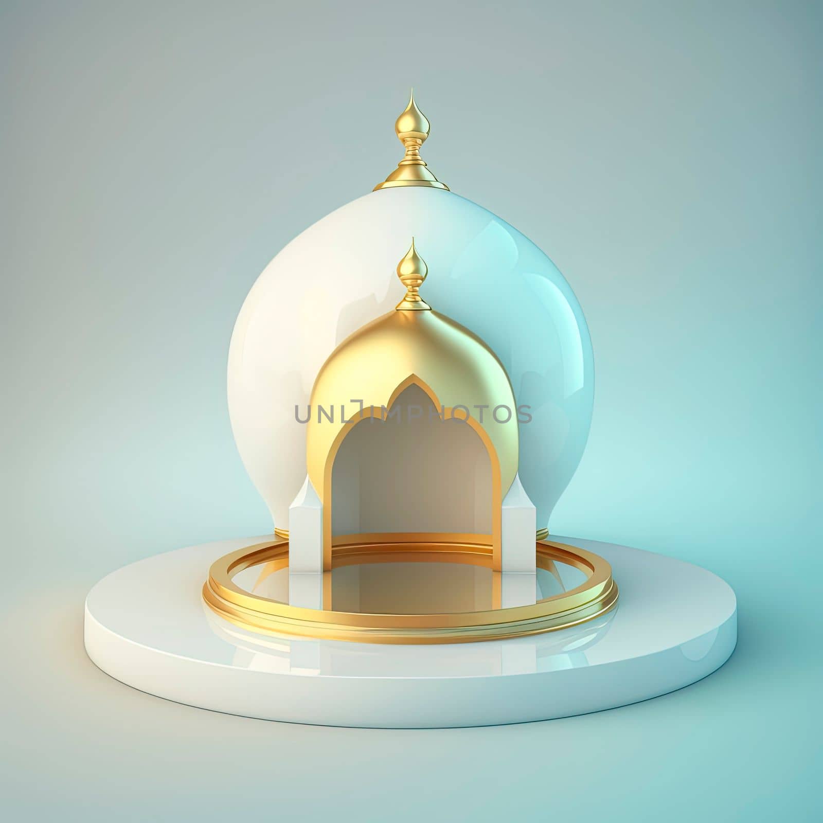 Islamic ramadan podium background of futuristic and modern 3d realistic mosque with scene and stage for product display