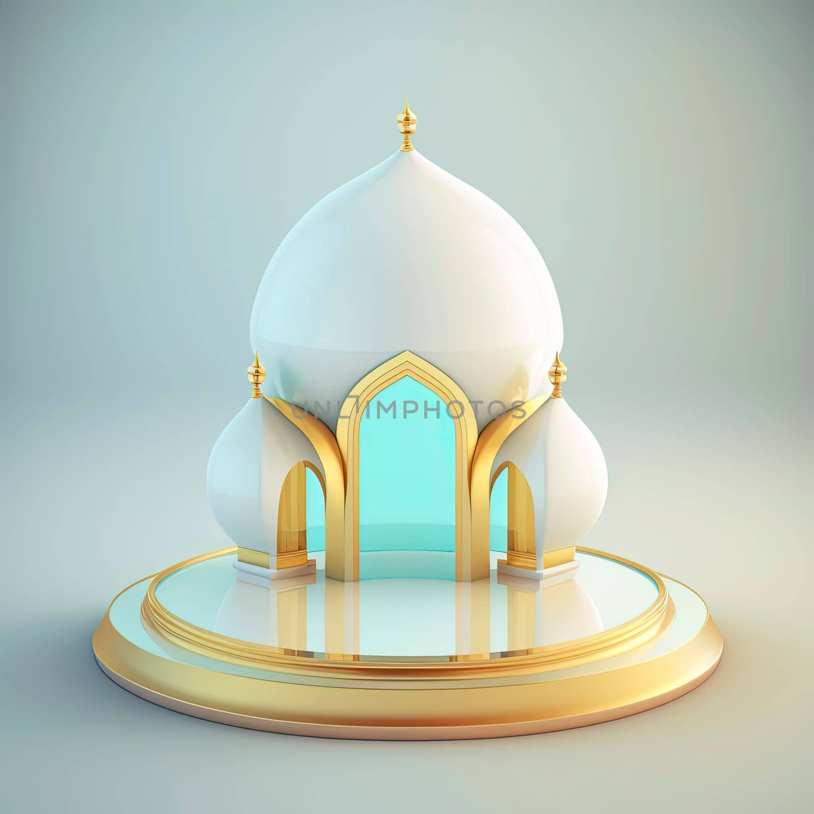 Islamic ramadan podium background of futuristic and modern 3d realistic mosque with scene and stage for product display