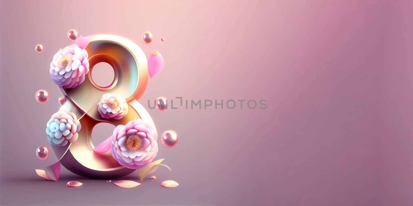 Illustration of number 8 and floral decoration for background and banner for 8th march women's day with copy space