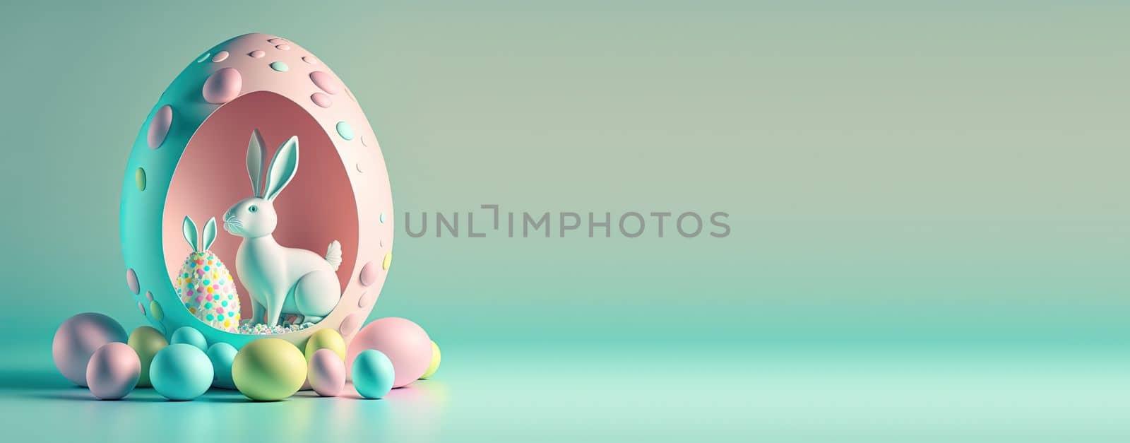 Easter day illustration banner background with eggs and bunny