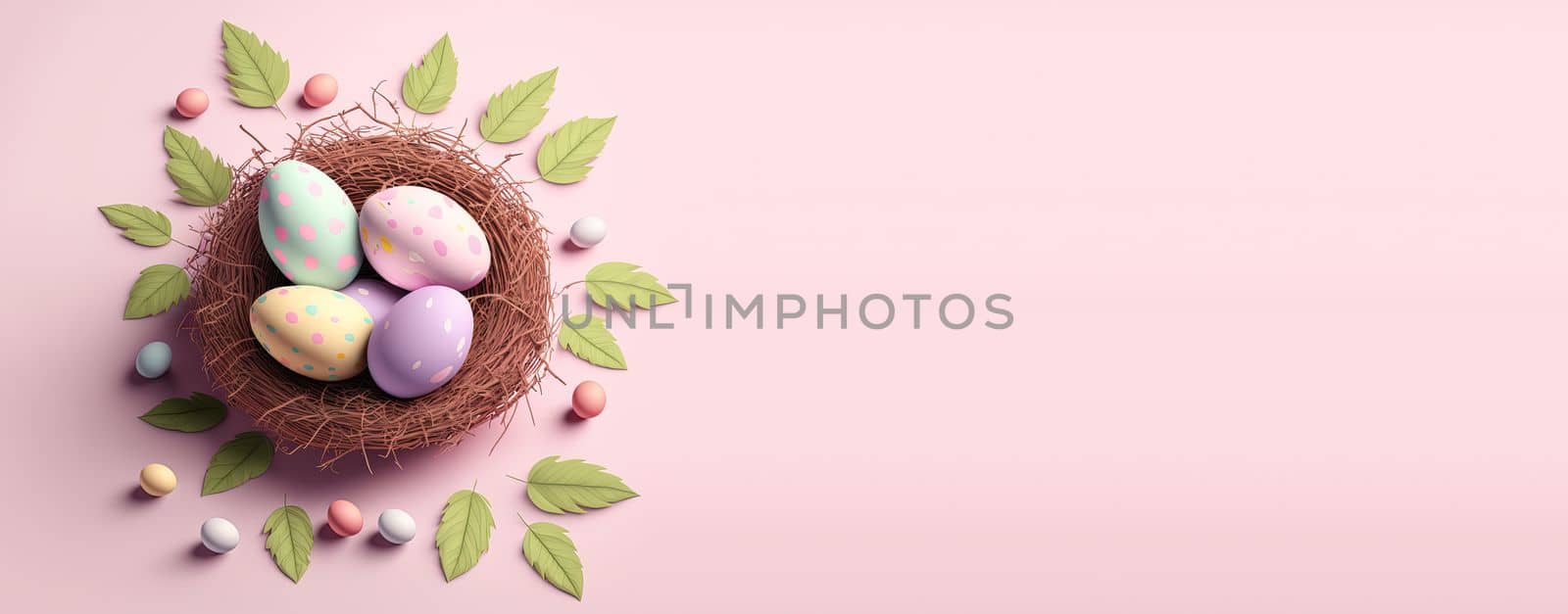 Illustration of background Easter day with eggs, nest, and copy space for banner