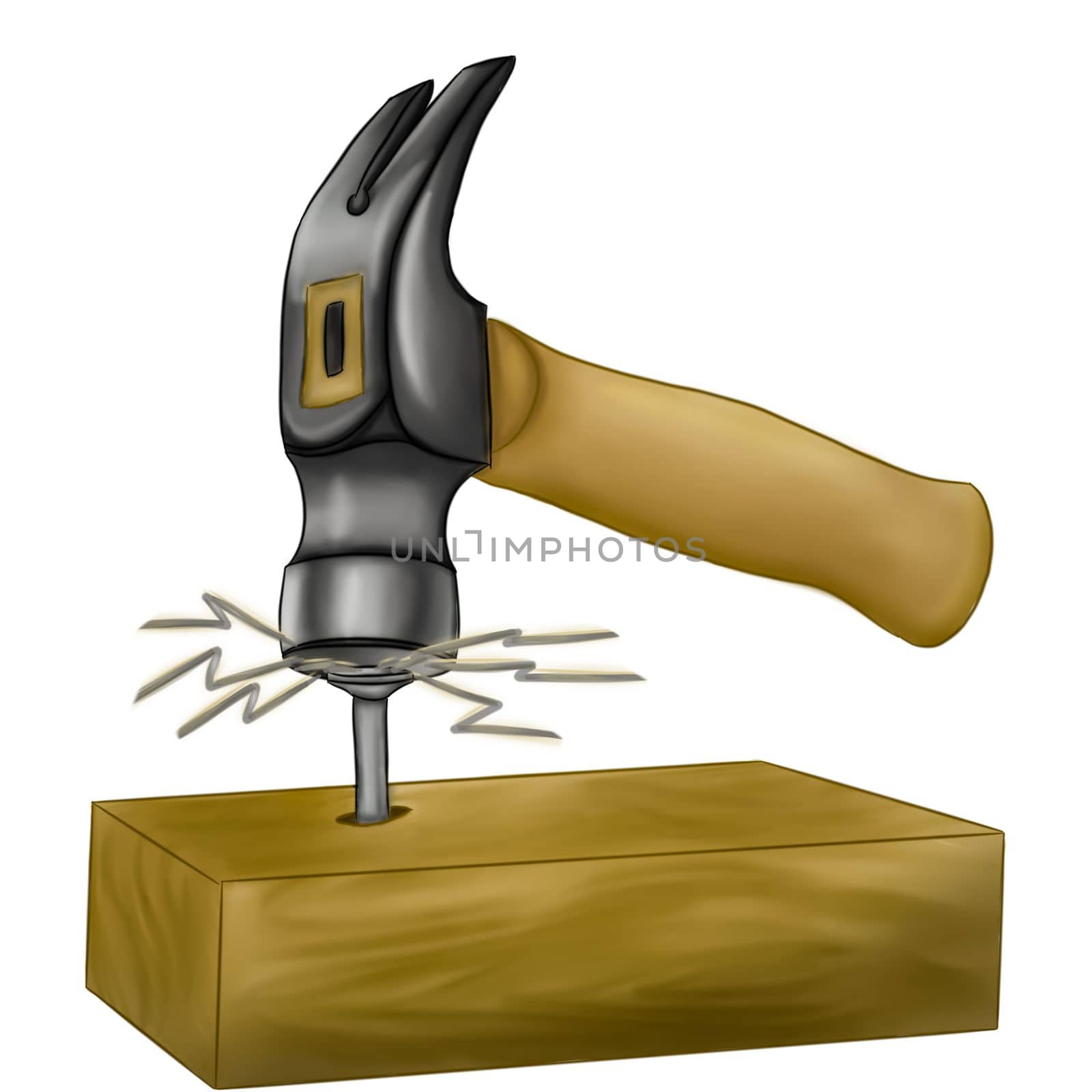 A hammer hammers a nail into a piece of wood on an isolated background. Clipart tools. a hammer