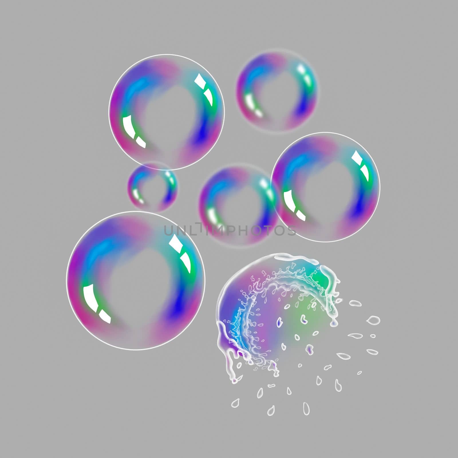 Soap bubbles are flying in the air on an isolated background. The soap bubble burst. Clipart