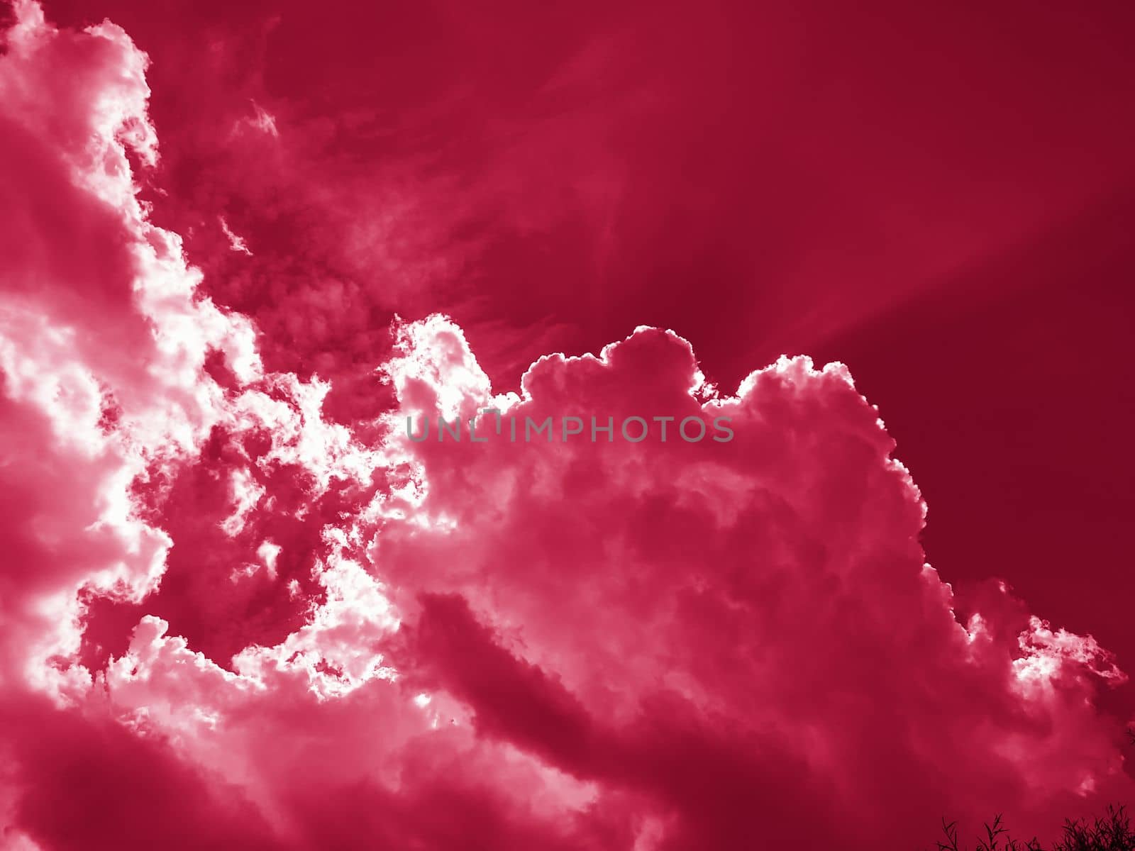 The sun's rays break through the dark clouds in the sky. Beautiful spectacular conceptual background of meditation. Beautiful sky.Viva Magenta Background color
