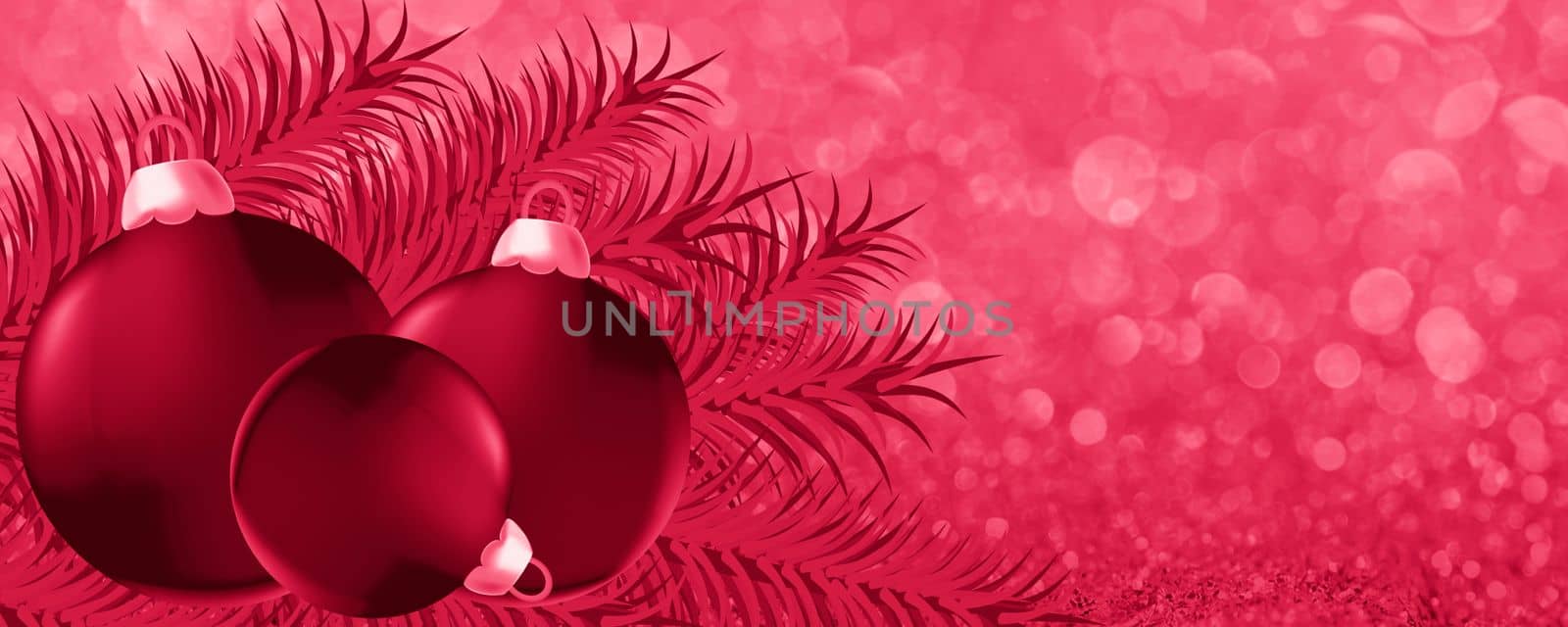 Background for a Christmas card. New year's banner with a spruce branch and blue balloons. Christmas, holiday, greetings. Background for advertising and business.Viva Magenta Background color