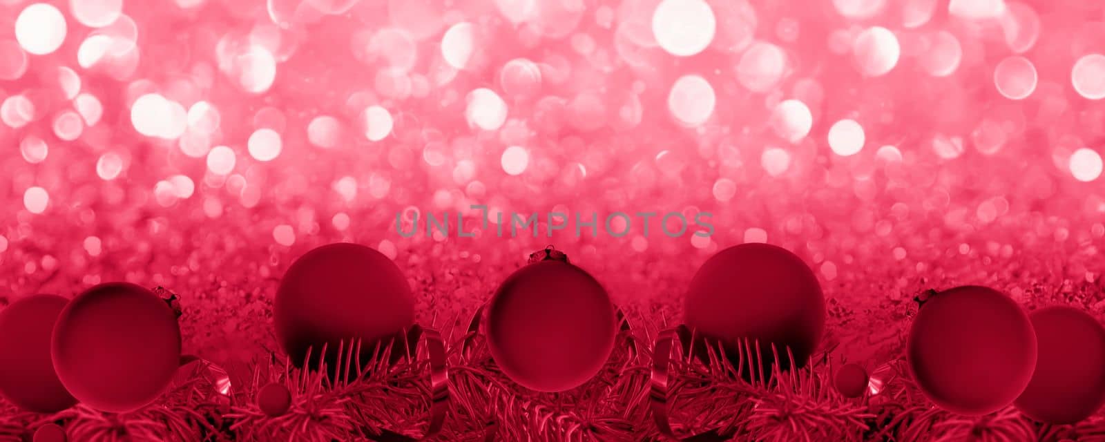 Christmas banner. Spruce branches and red balls on a shiny background. Christmas, holiday, greetings. Background for advertising and business. new year.Viva Magenta Background color