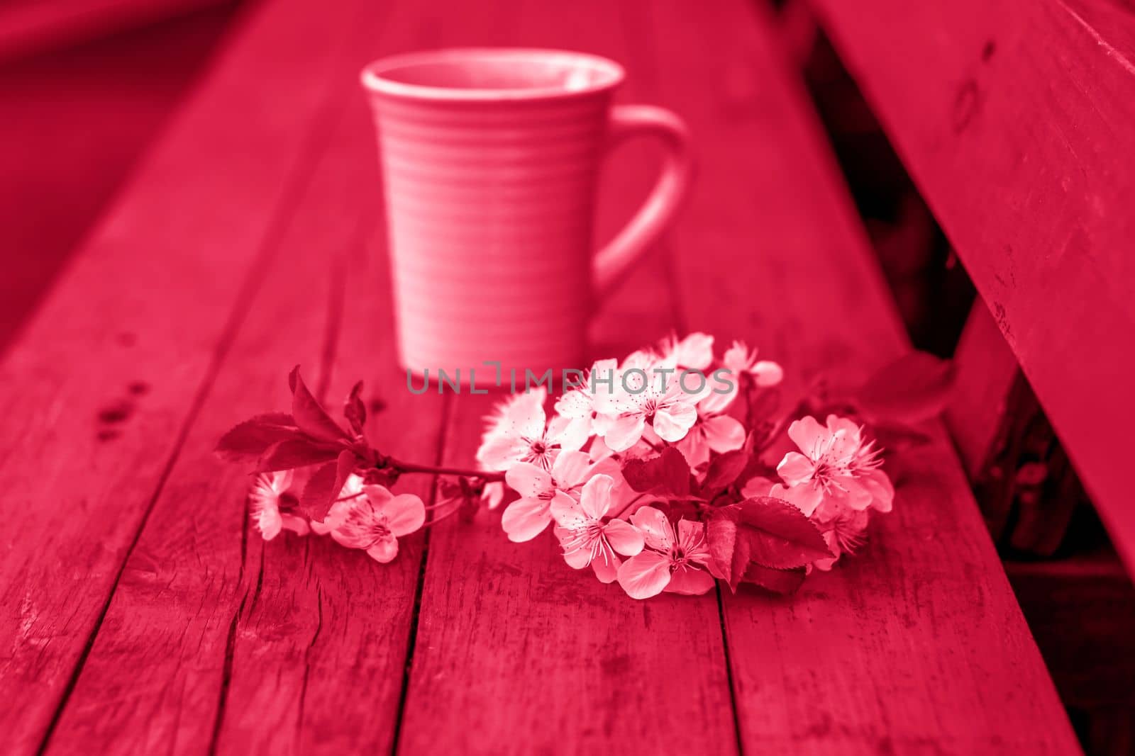 a cup of coffee on a dark, worn rustic wooden table. The composition is decorated with a twig with white flowers. Cherry tree flowers. Selective focus. by Alina_Lebed