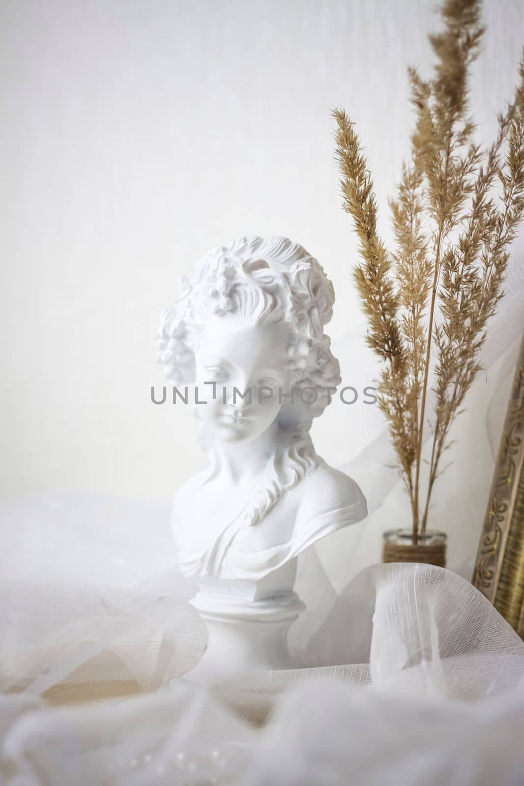 Plaster bust of a girl. Statuette on the background of light fabric and fluffy branches.  Selective focus