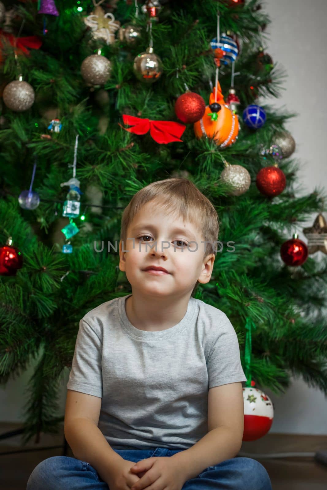 A photo of a beautiful boy in a gray T-shirt at the Christmas tree, looking into the camera. Portrait in a bright room. Natural, not staged photography.  by Alina_Lebed