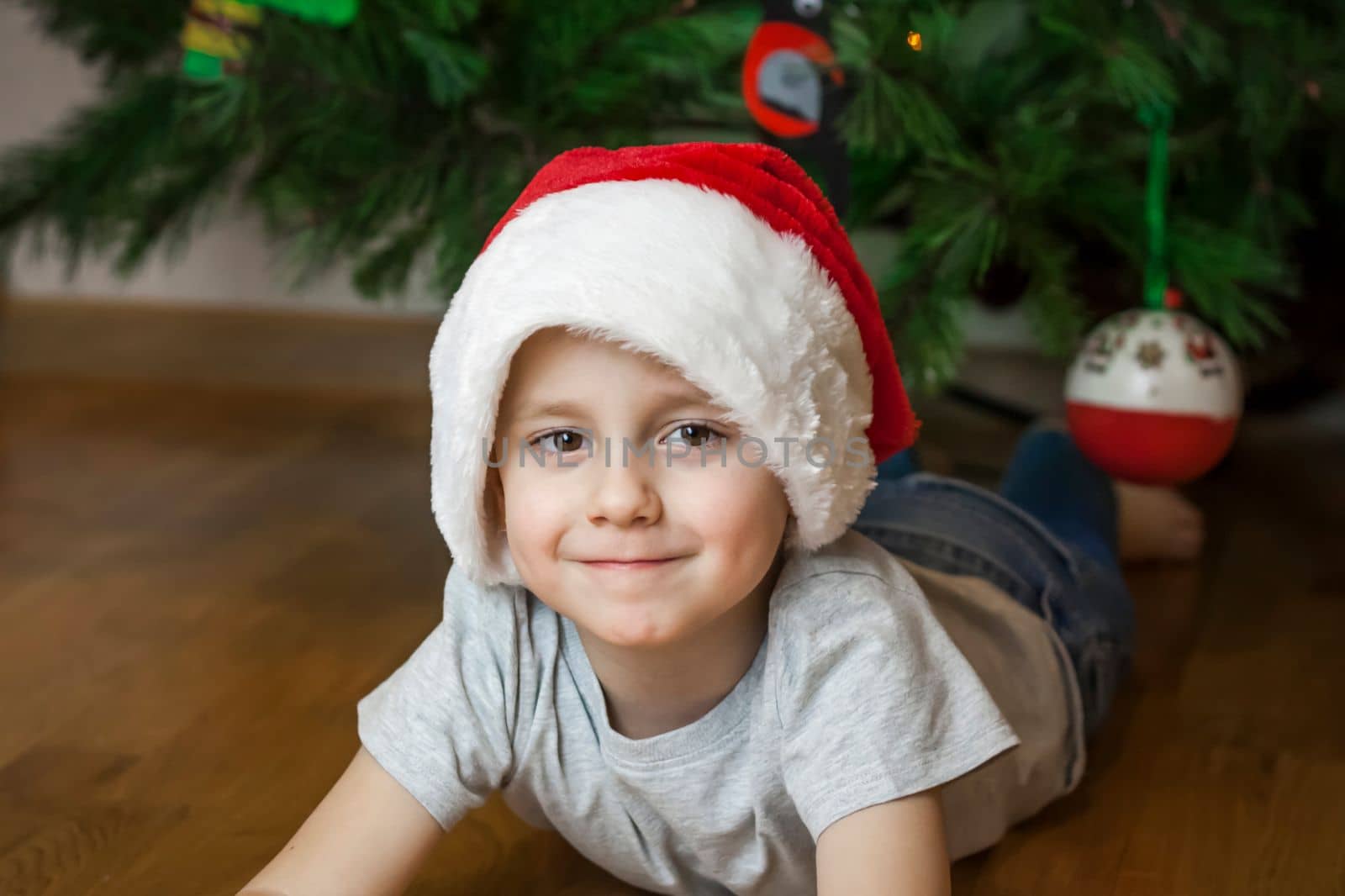 A photo of a beautiful boy in a gray T-shirt and a Santa Claus hat at the Christmas tree, looking into the camera. Portrait in a bright room. Natural, not staged photography. by Alina_Lebed