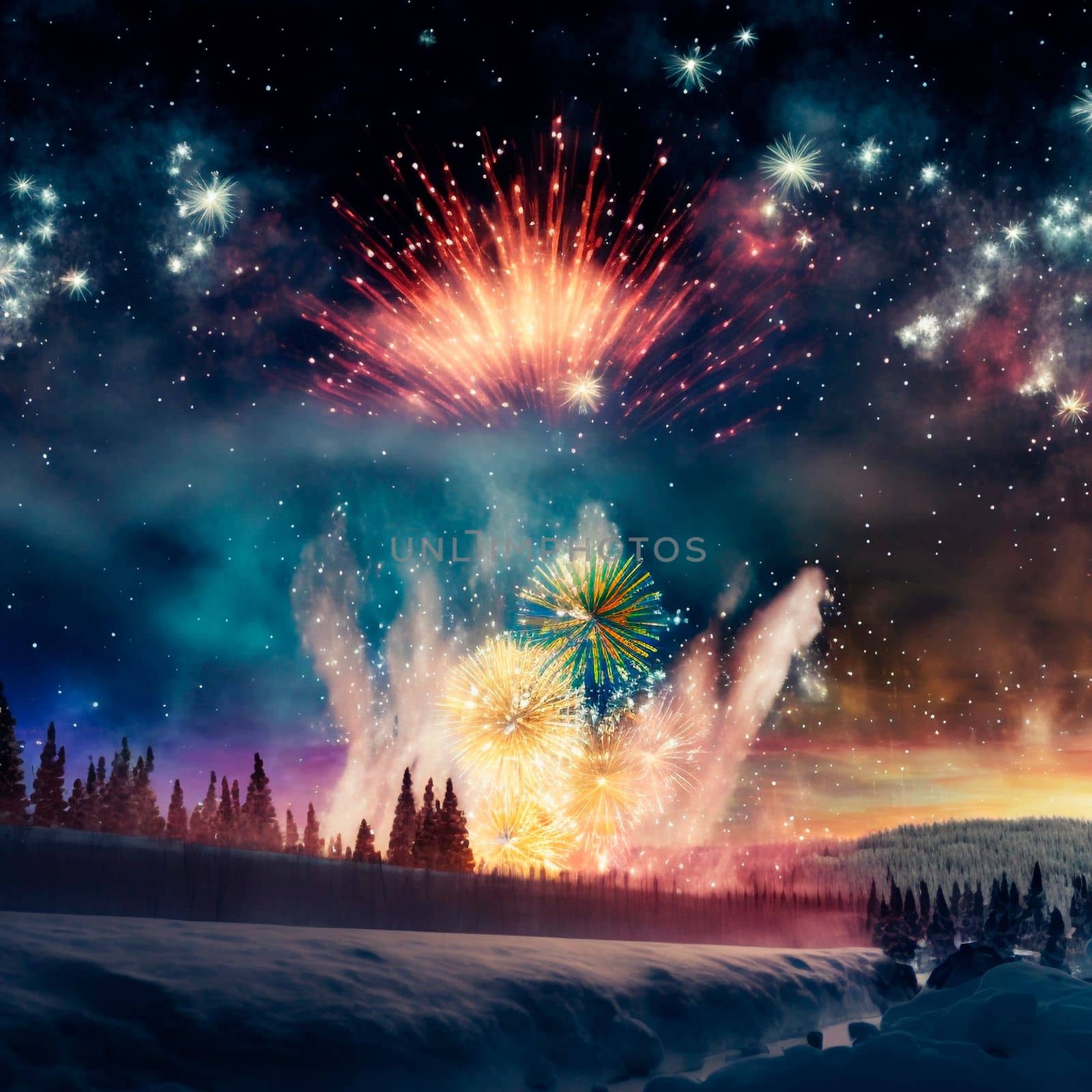 Bright night sky with fireworks. High quality illustration