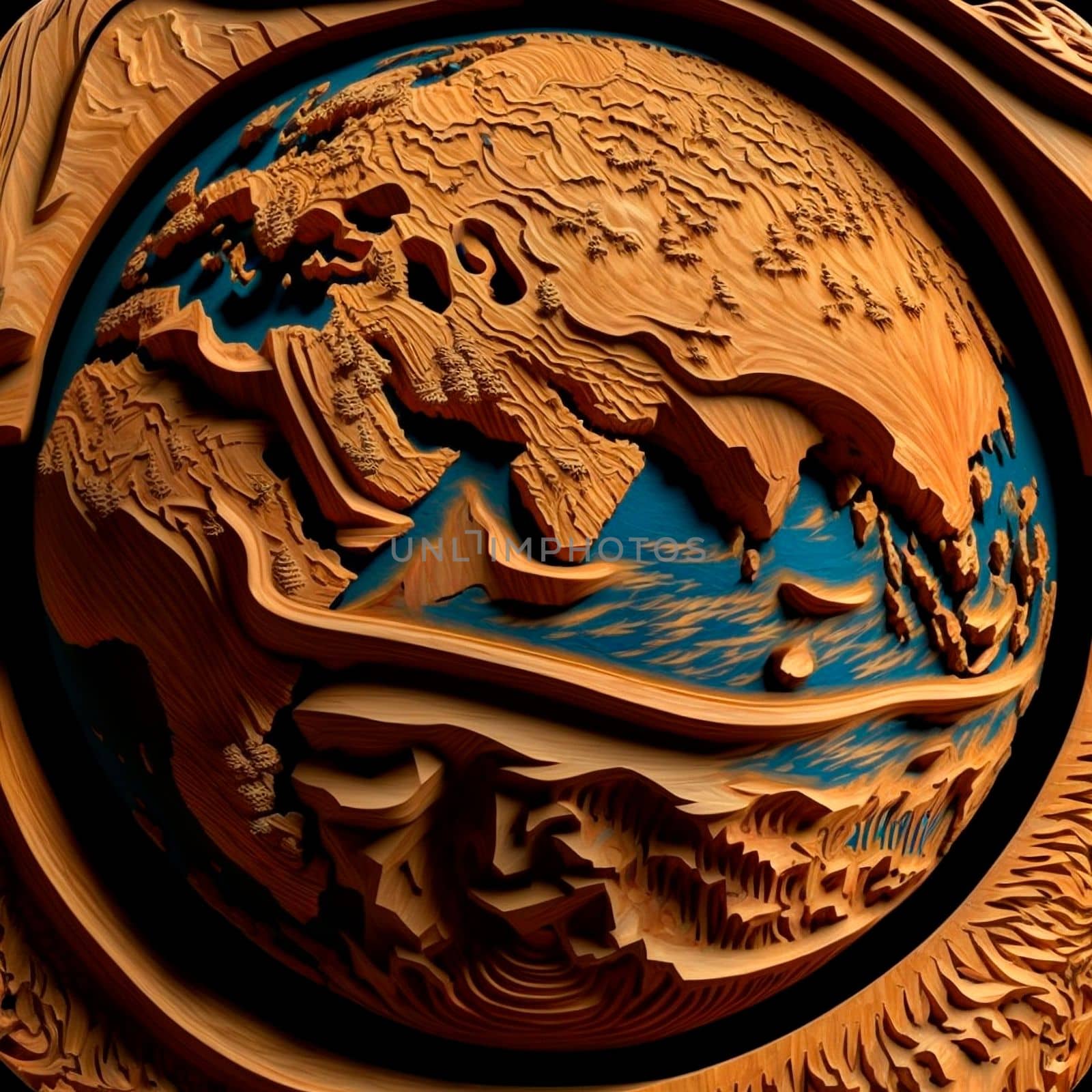 Planet Earth with reservoirs and continents carved out of wood by NeuroSky