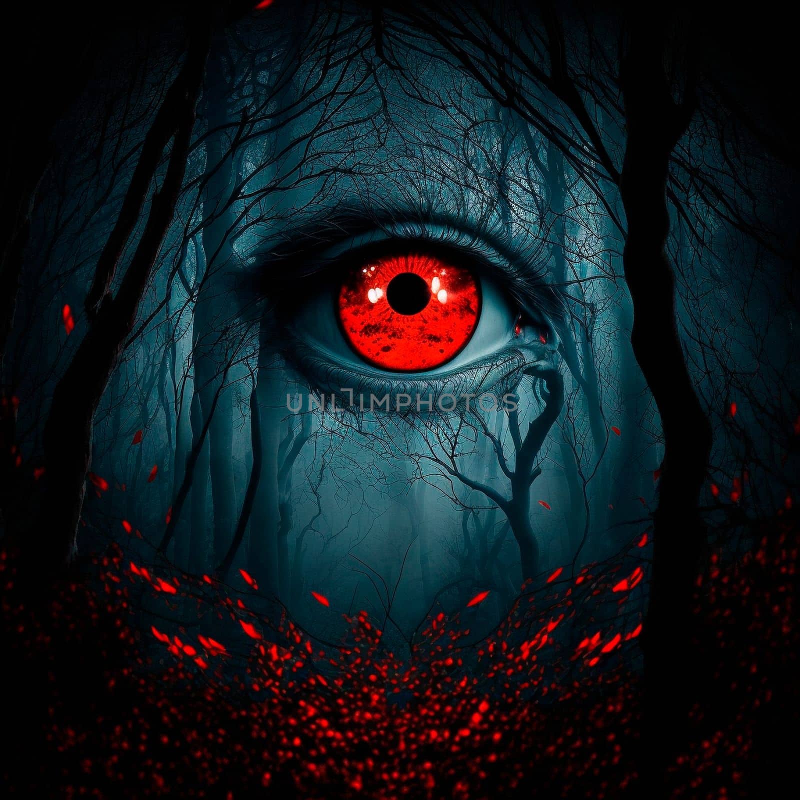 Big red eyes against the background of a gloomy mystical fores. High quality illustration