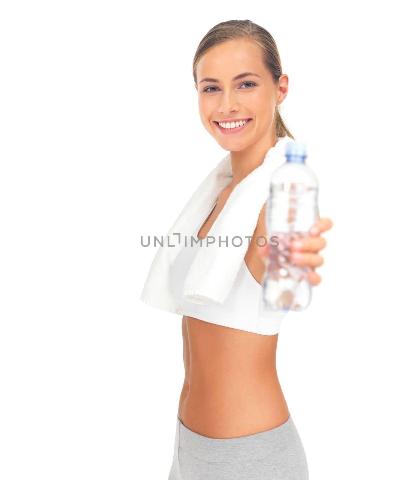 Studio, fitness woman and water bottle for health, diet workout and training motivation or offer. Liquid, nutrition and sports athlete mockup with hand holding product, isolated on white background.