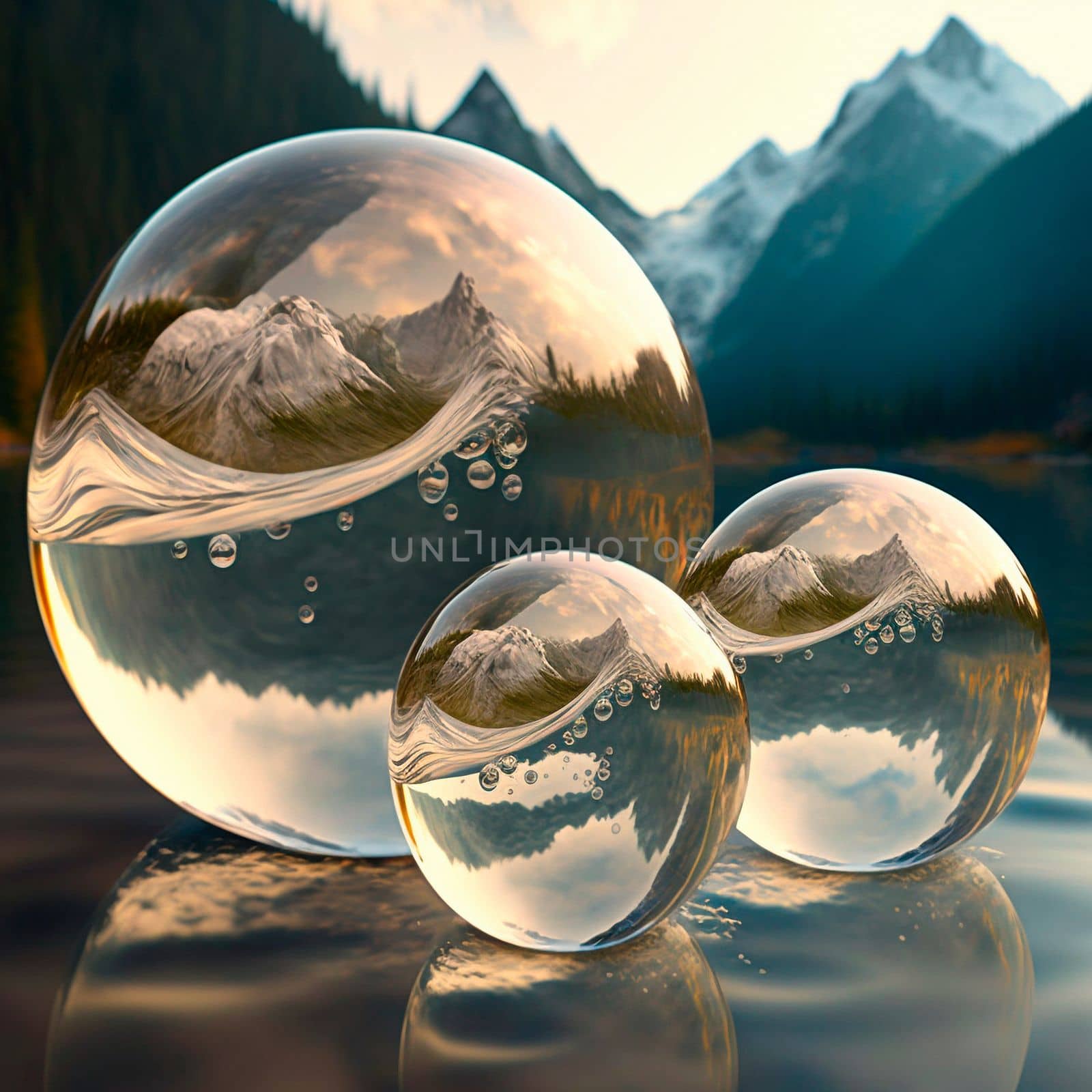 Transparent water spheres against a stunning backdrop of mountains and water. Reflection of the landscape and elements inside the spheres. High quality illustration