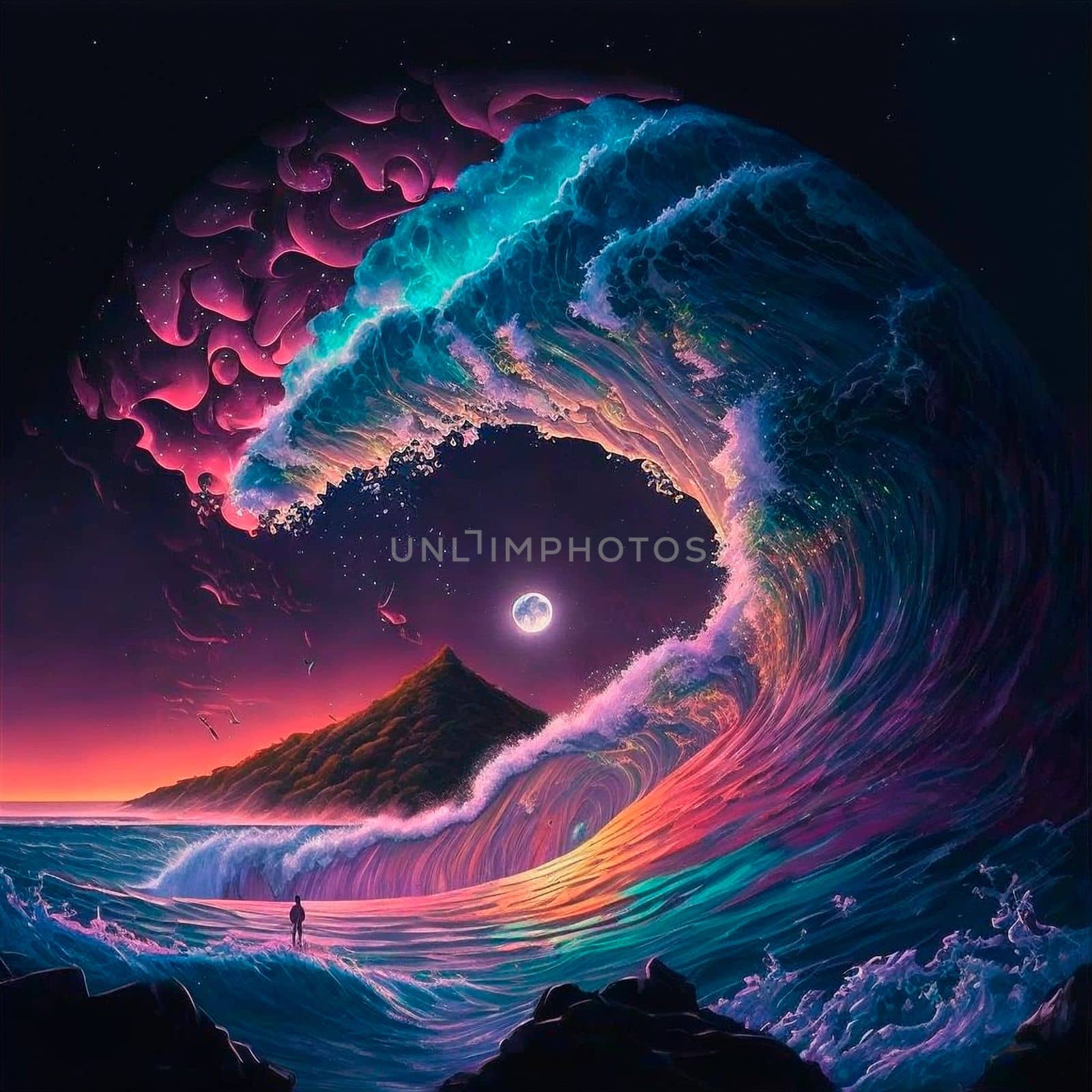 night beach with beautiful iridescent waves of different colors. High quality illustration