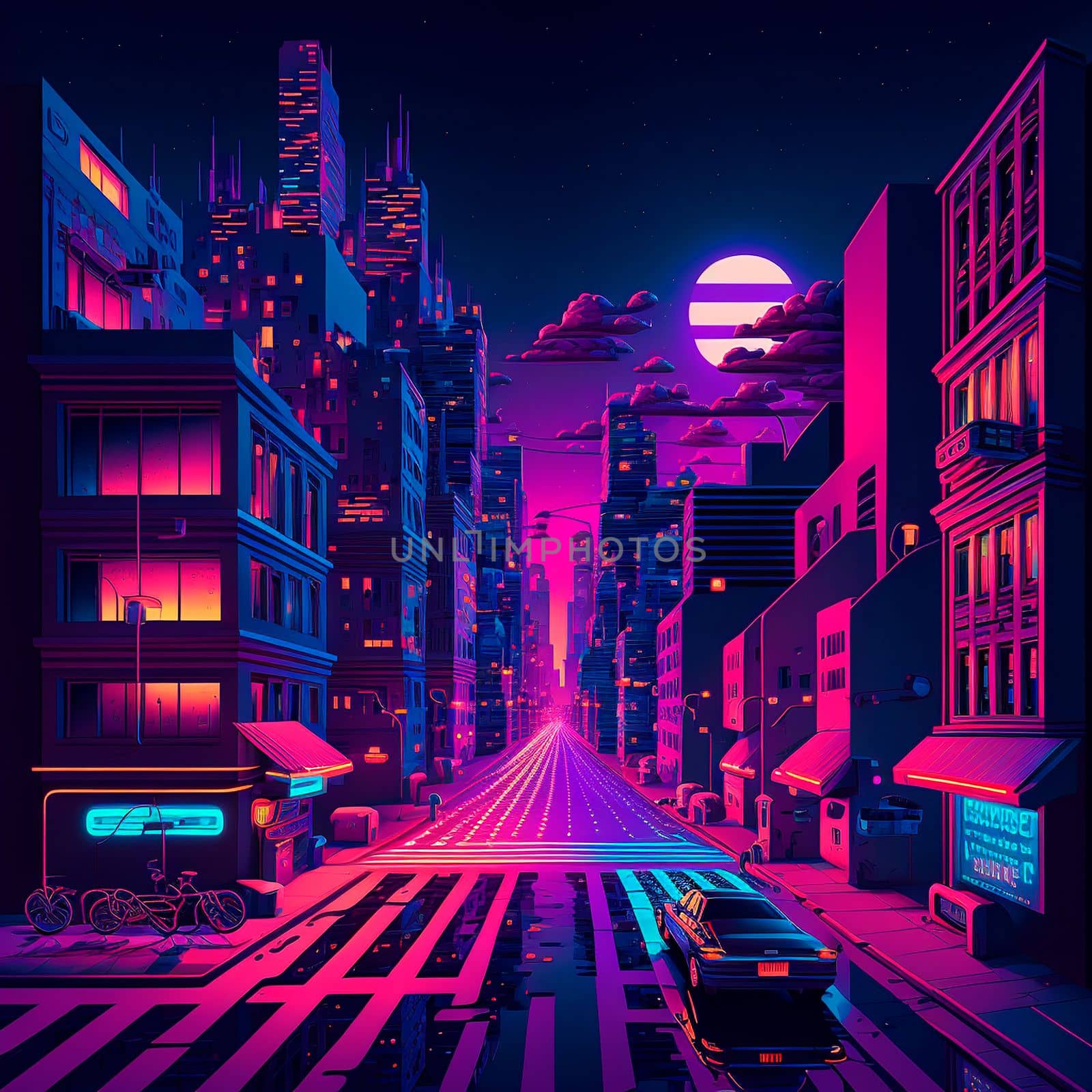 Cartoon image of a cyberpunk street. High quality illustration