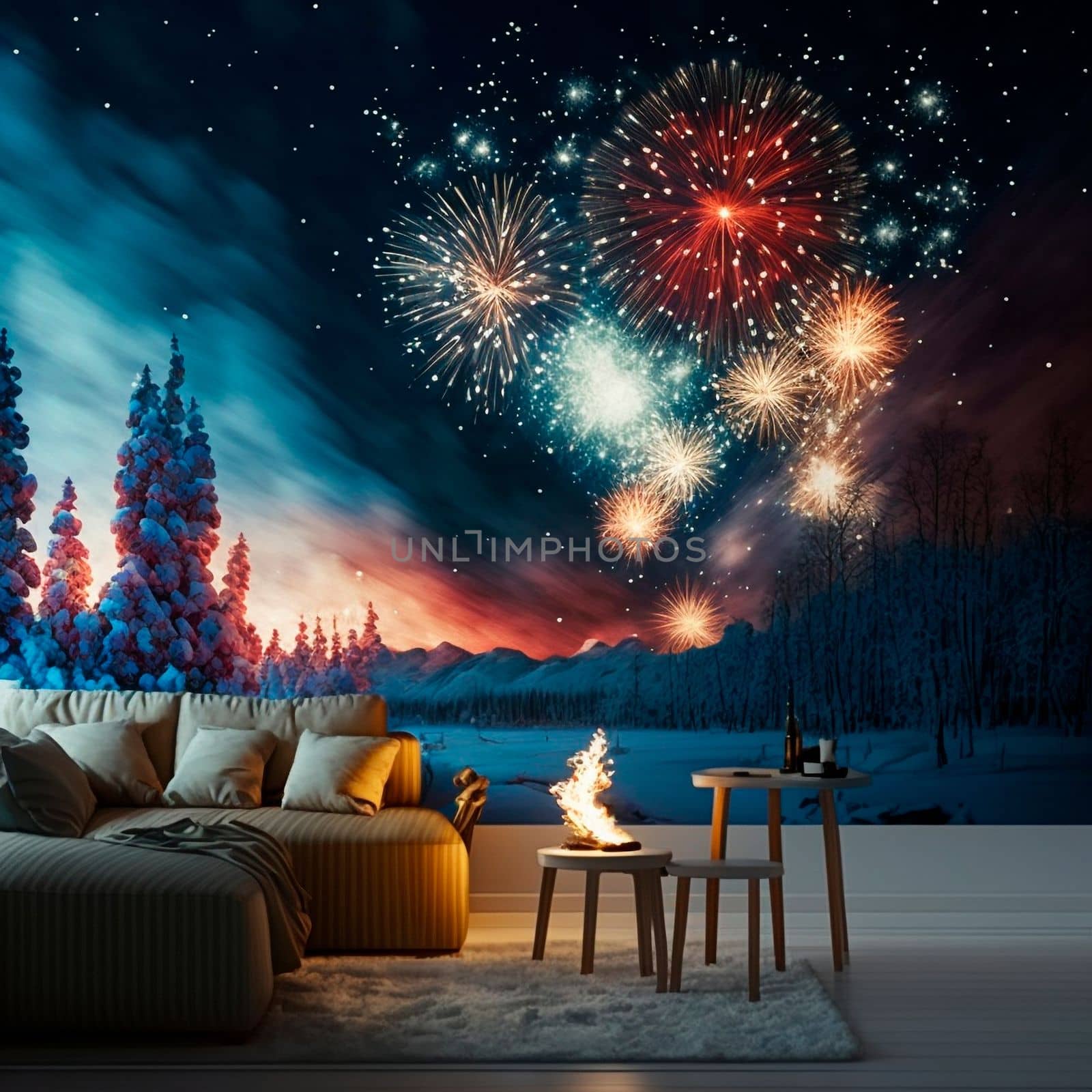 Bedroom with wallpaper depicting the night sky in fireworks by NeuroSky