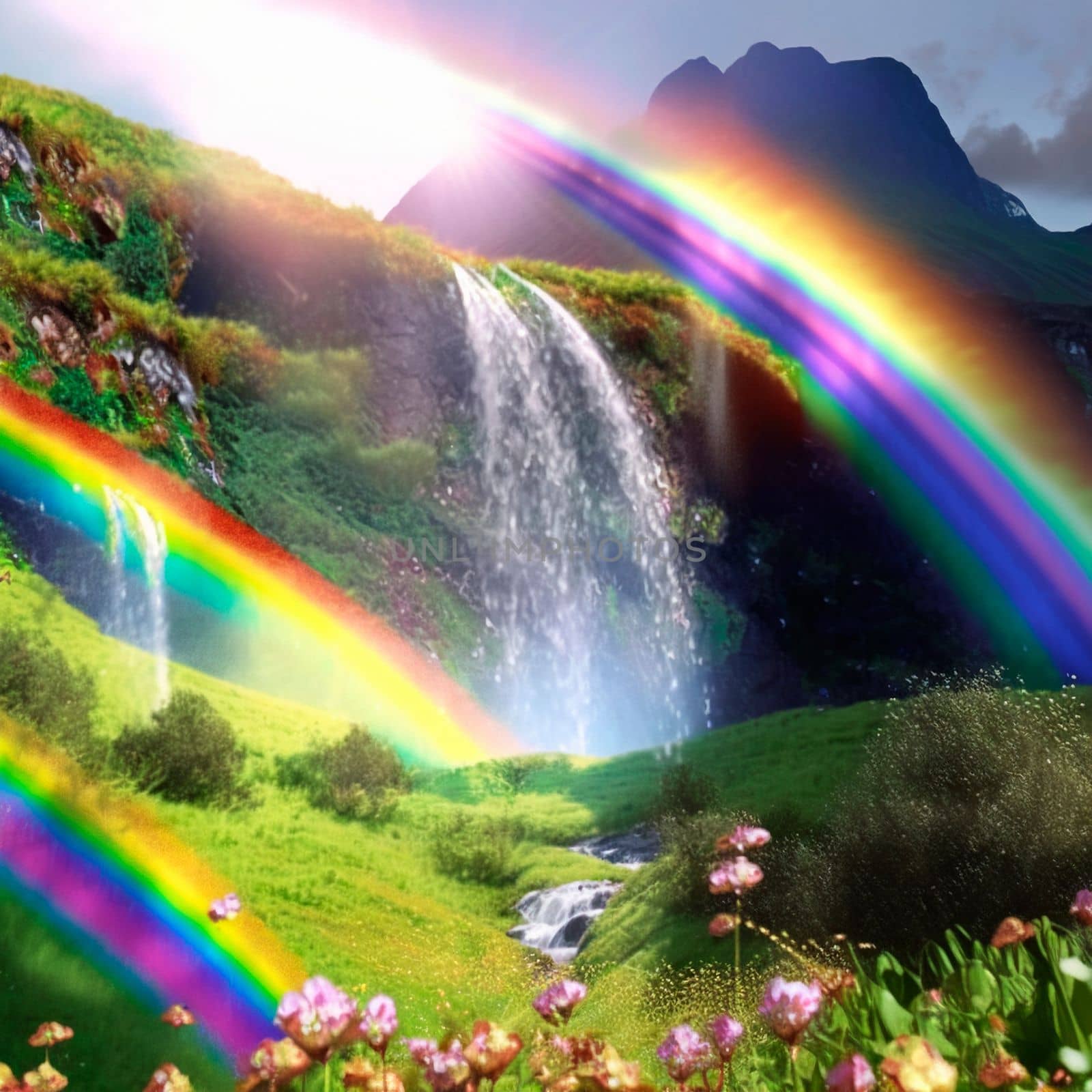 summer landscape with rainbow and waterfall. High quality illustration