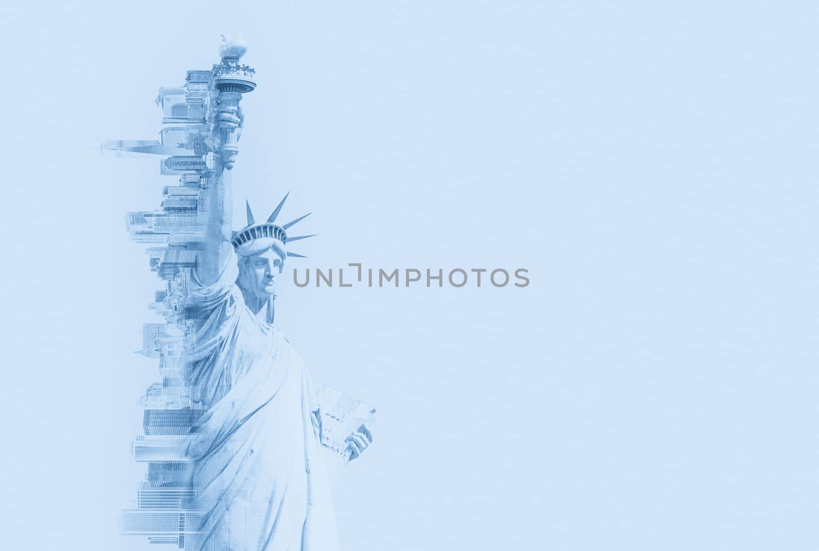 Double exposure image of the Statue of Liberty and new york skyline