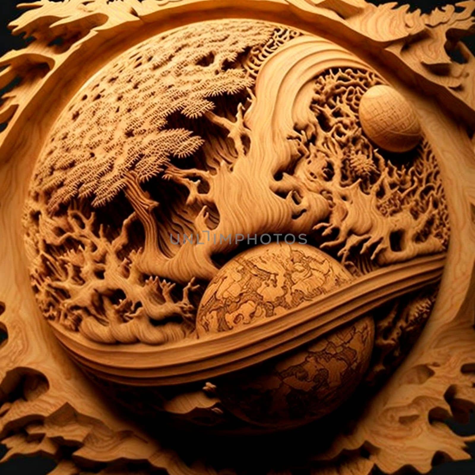Planet Earth with reservoirs and continents carved out of wood by NeuroSky