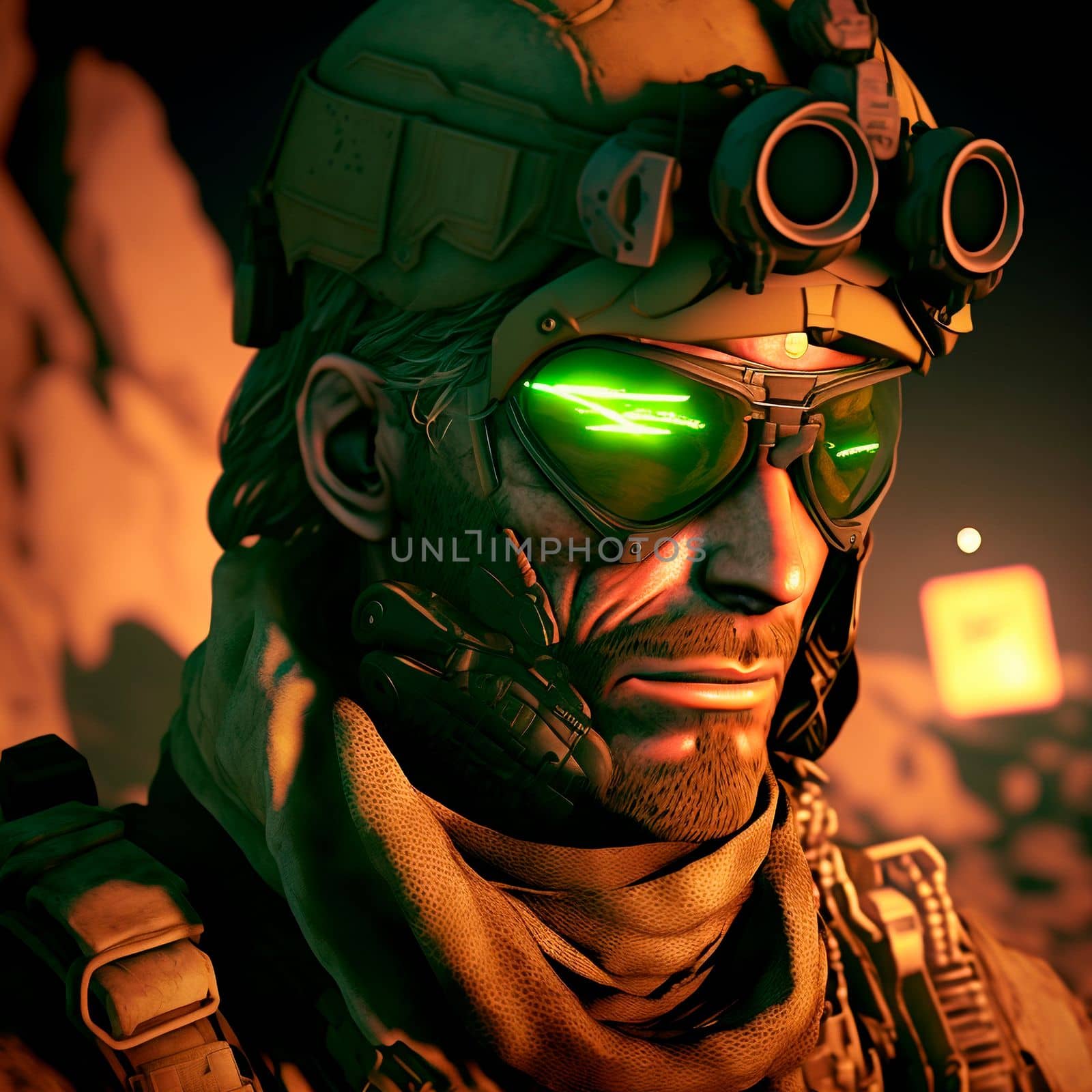 soldier in a helmet and combat goggles during an operation in the desert. High quality illustration