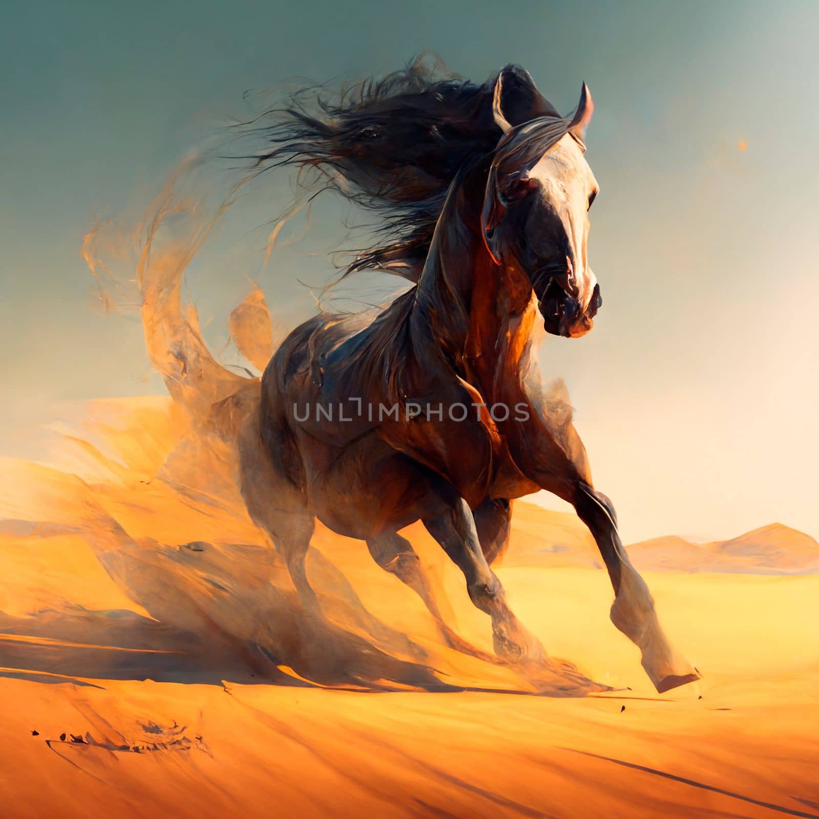 The horse runs through the desert, kicking up the sand. High quality illustration