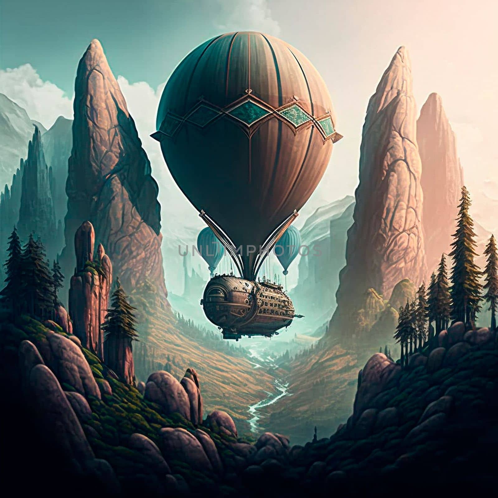 A huge airship flying in the mountains. High quality illustration