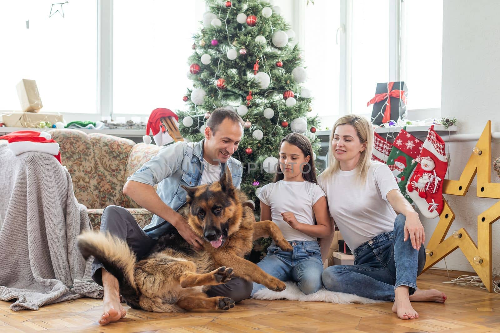 Friendly family is playing with dog near Christmas tree. They are sitting and laughing by Andelov13