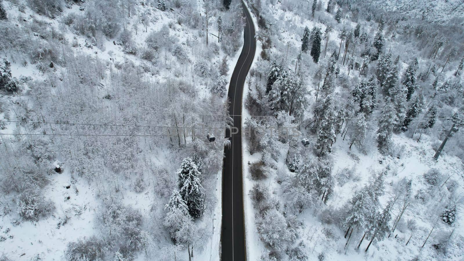 Cable car in the mountains in the winter forest by Passcal