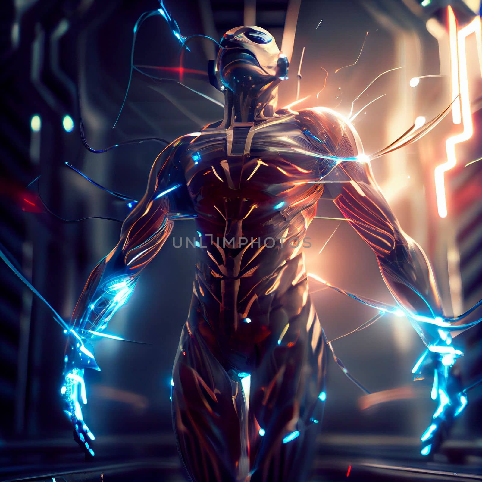 Modernized cyborg. Man in a robotic exoskeleton. New weapon. High quality illustration