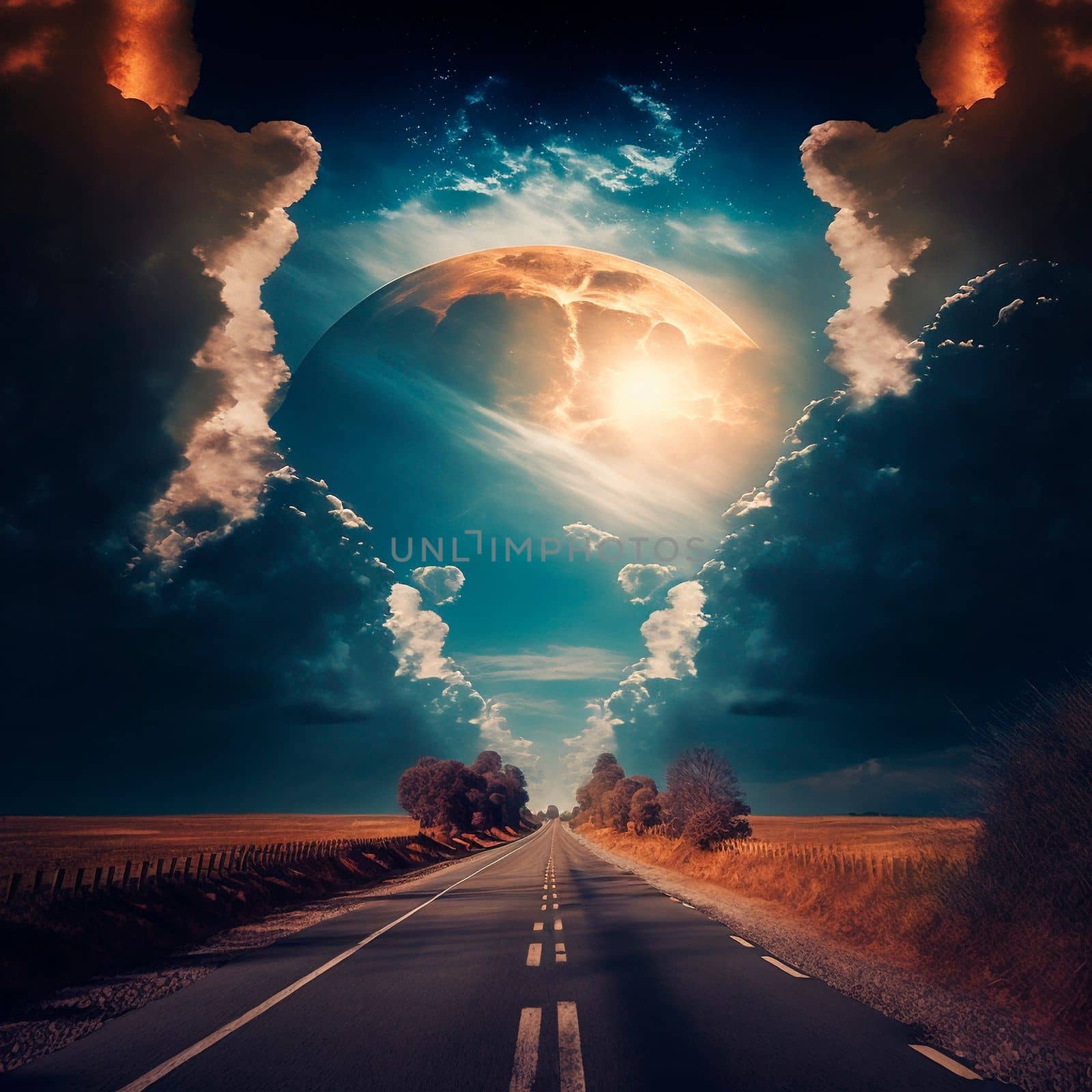 Stunningly beautiful view of the road and the sky, the road going to the sky. Symbolism of the life path. High quality illustration